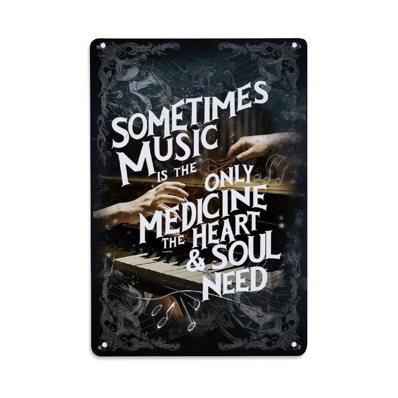 Music Healing Hands Piano Notes Retro Metal Tin Sign, Vintage Decor Art Poster for Bar, Home, Man Cave, Kitchen, Laundry Room Gift 8x12Inch