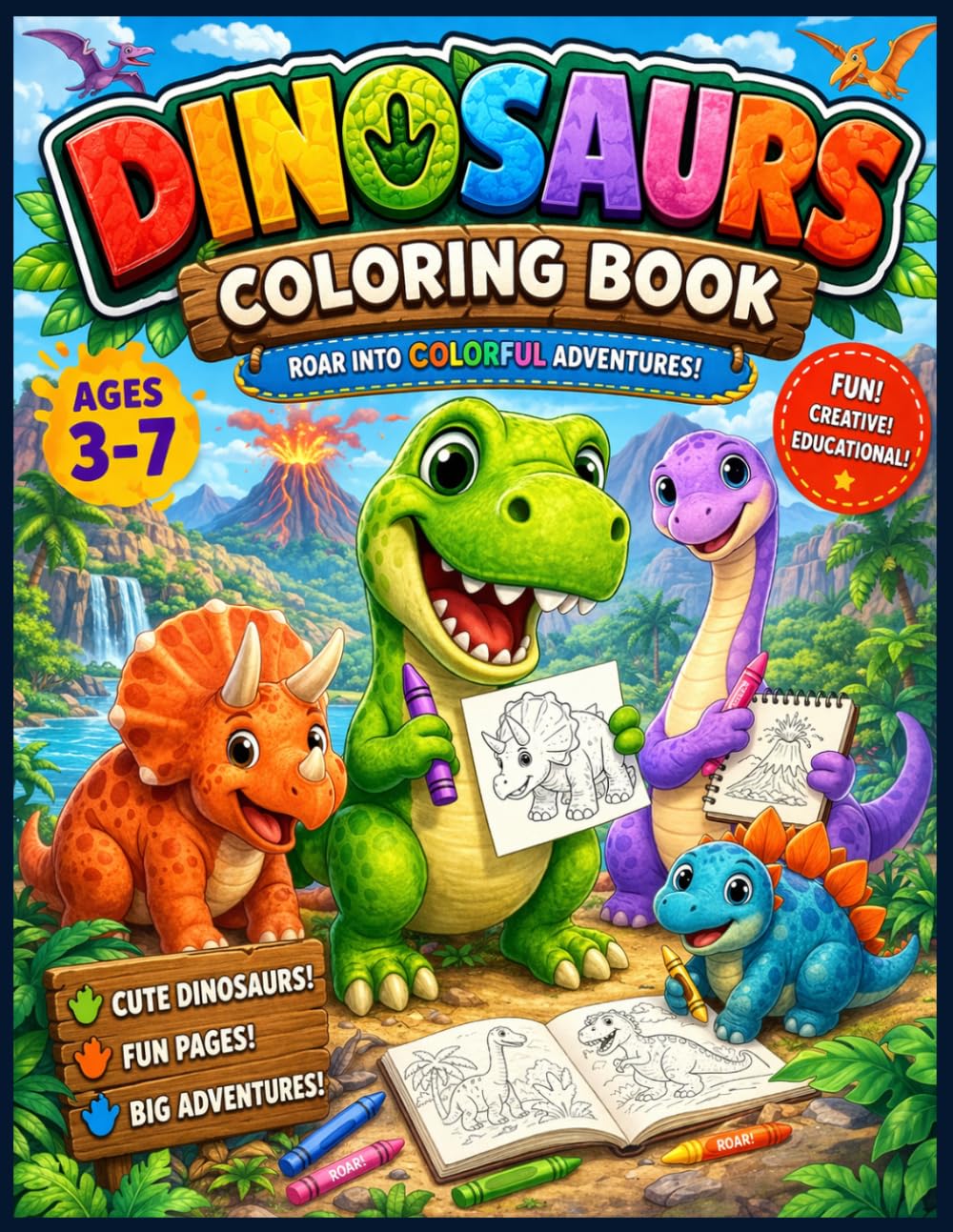 Cute Dinosaur Coloring Book for Kids Ages 3-7: 70+ Big and Simple Prehistoric Friends to Color | Easy Coloring Pages with Blank Backs to Prevent Bleed-Through