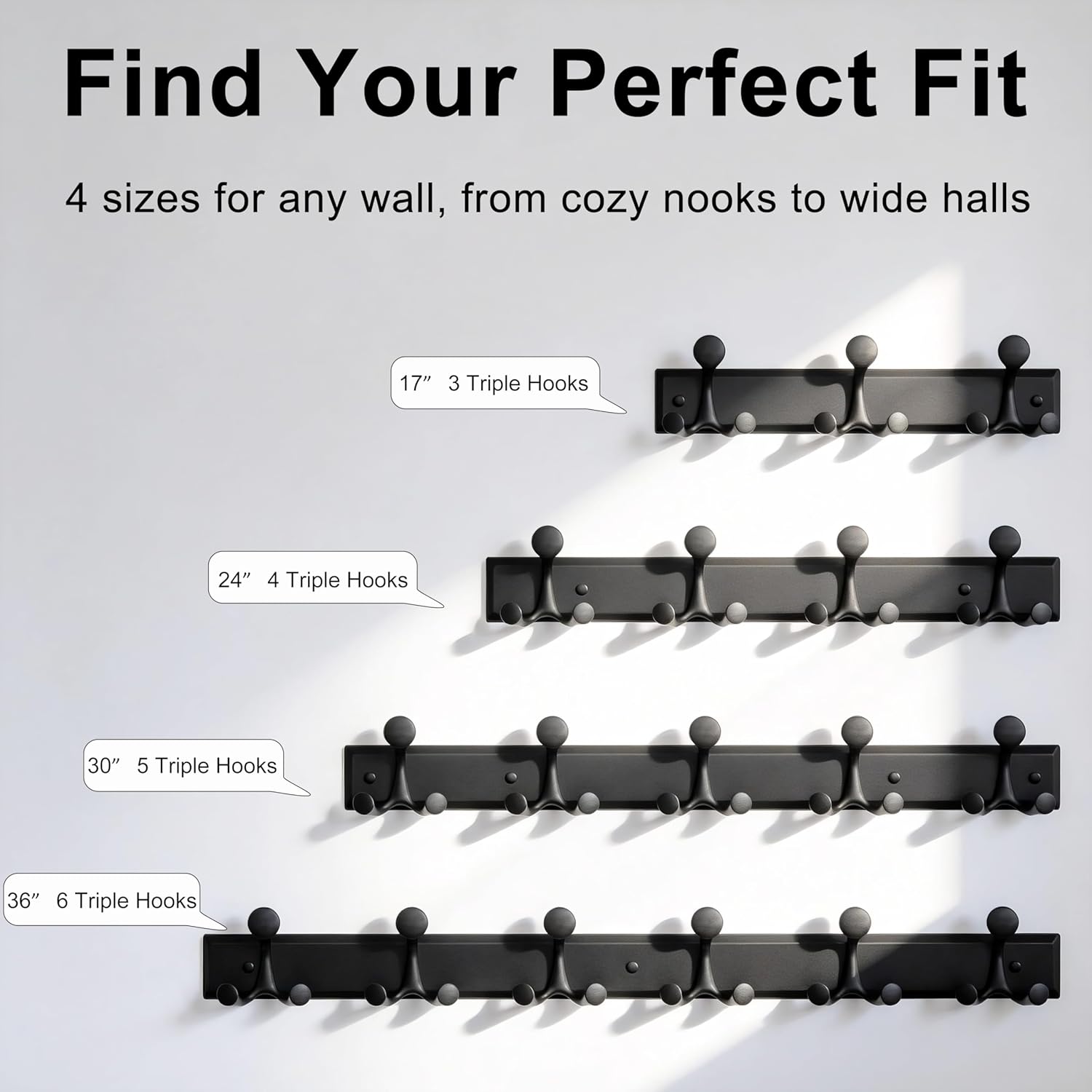SKOLOO 12 Hooks Wall Mounted Coat Rack, 24 Inch Modern Coat Hanger for Entryway, Bathroom, Garage, Lightweight with 16 Inch Stud Spacing Design, Matte Black