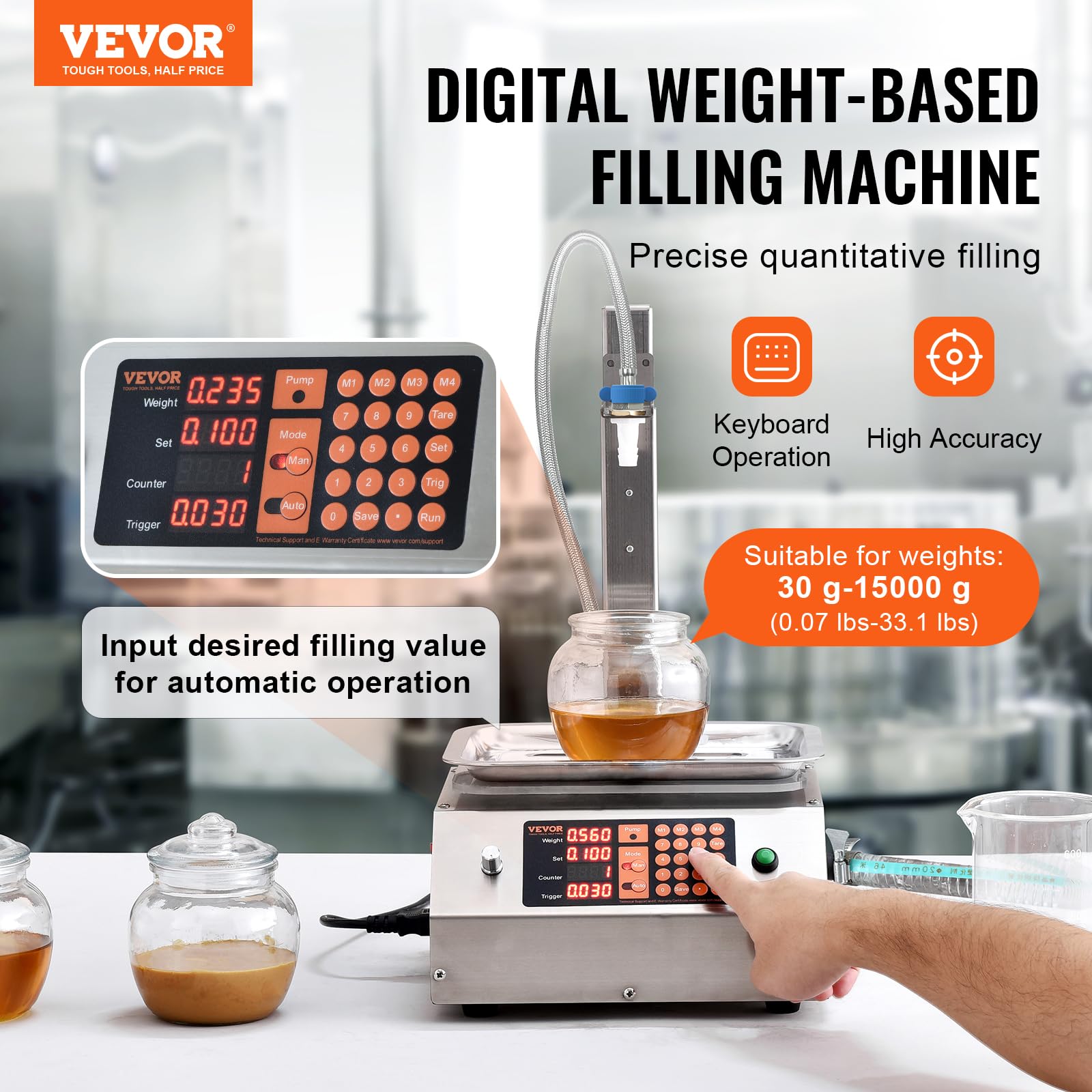 VEVOR Machine de Remplissage de Liquide Automatique Capacité de Pesée 30-15000 g Remplisseuse de Bouteilles Commande Numérique pour Lait, Eau, huile, Vin, Boissons, Détergents, Shampoing, Buse Unique