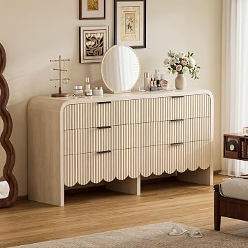 6 Drawer Dresser for Nursery, Wood Storage Dresser with Drawers and Metal Handle, Fluted Dressers TV Stand, Wooden Closet Chest of Drawers for Kids Baby Room, Bedroom Beige