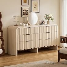 6 Drawer Dresser for Nursery, Wood Storage Dresser with Drawers and Metal Handle, Fluted Dressers TV Stand, Wooden Closet Chest of Drawers for Kids Baby Room, Bedroom Beige