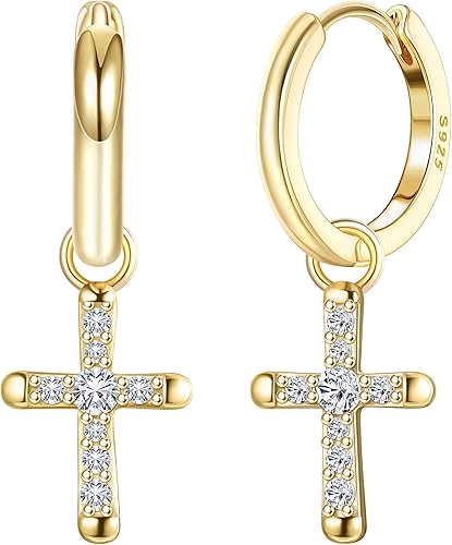 Milacolato Aretes de plata de ley 925 con cruz para hombres y mujeres, delicados aretes de aro con circonita cúbica, aretes colgantes de cruz