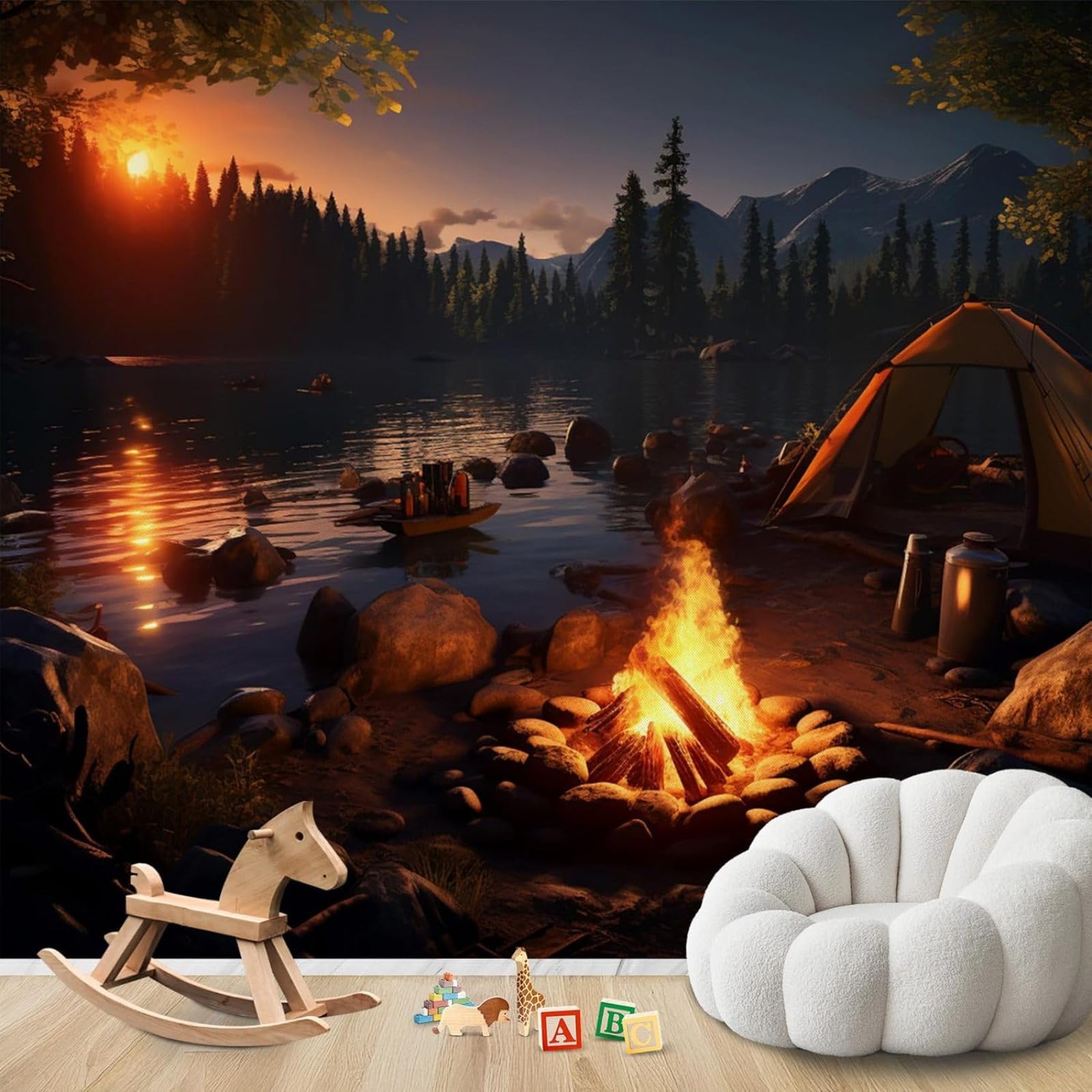 Hgjdjhnf 3D Mural Photo Mural - Wallpaper Camping Forest Mountains Modern Wall Living Room Bedroom Children's Room Wall Decoration Motif,350Cmx256cm Poster - Wall Sticker - Frameless Picture