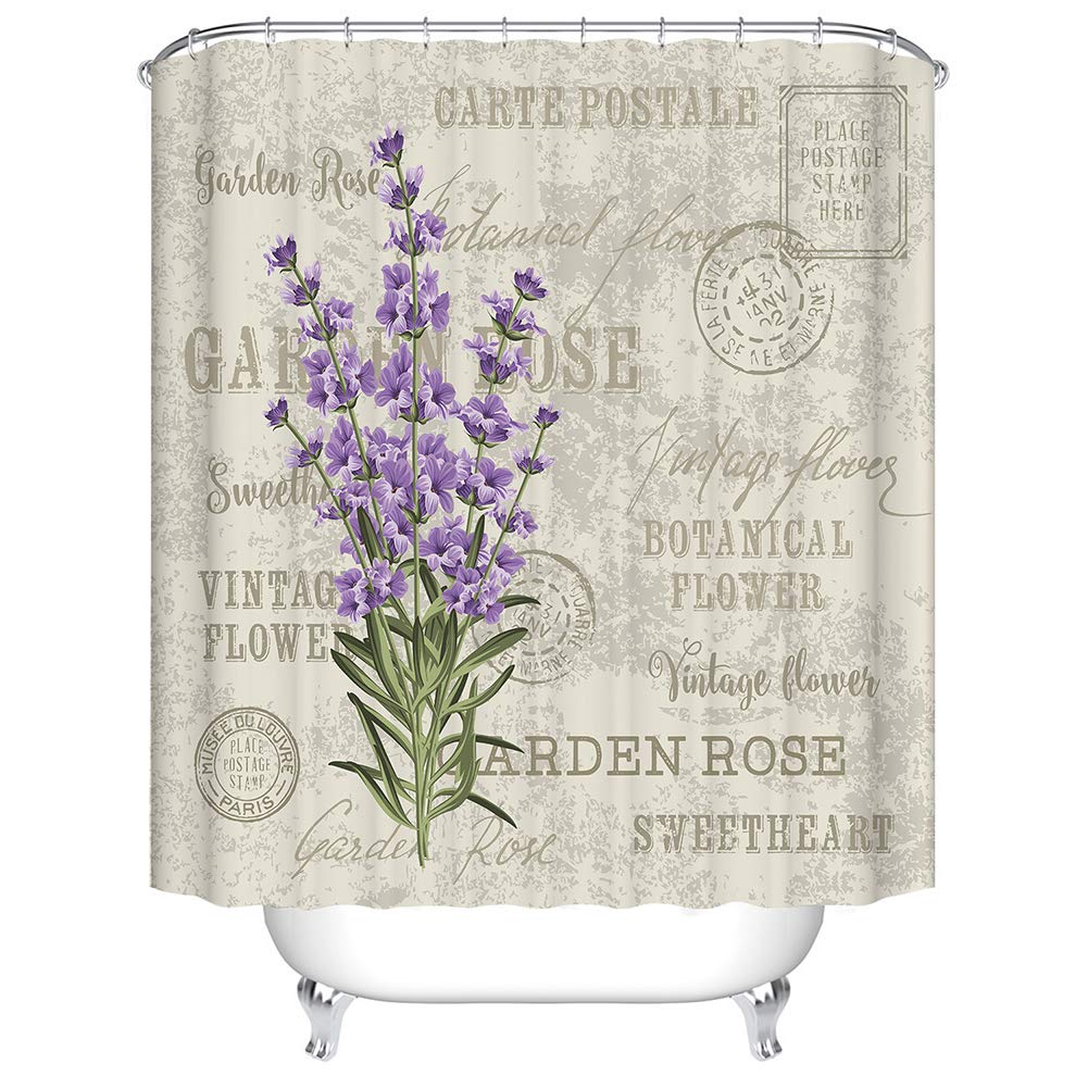 BOYOUTH Purple Flowers and Letters Pattern Digital Print Shower Curtains for Bathroom Decor,Polyester Waterproof Fabric Bath Curtain with 12 Hooks,70x78 Inches,Multicolor