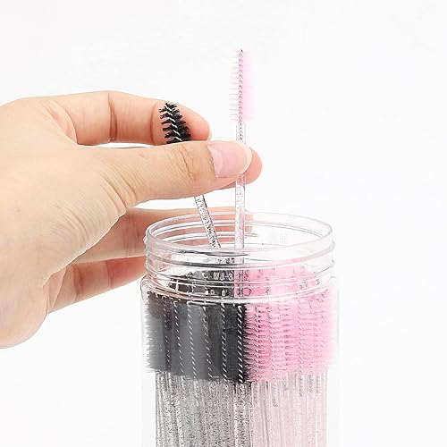 Vista 18 de 100 varitas de rímel desechables, cepillo de carretes de cejas de cristal para extensiones de pestañas, cepillos de pestañas rosas con contenedor