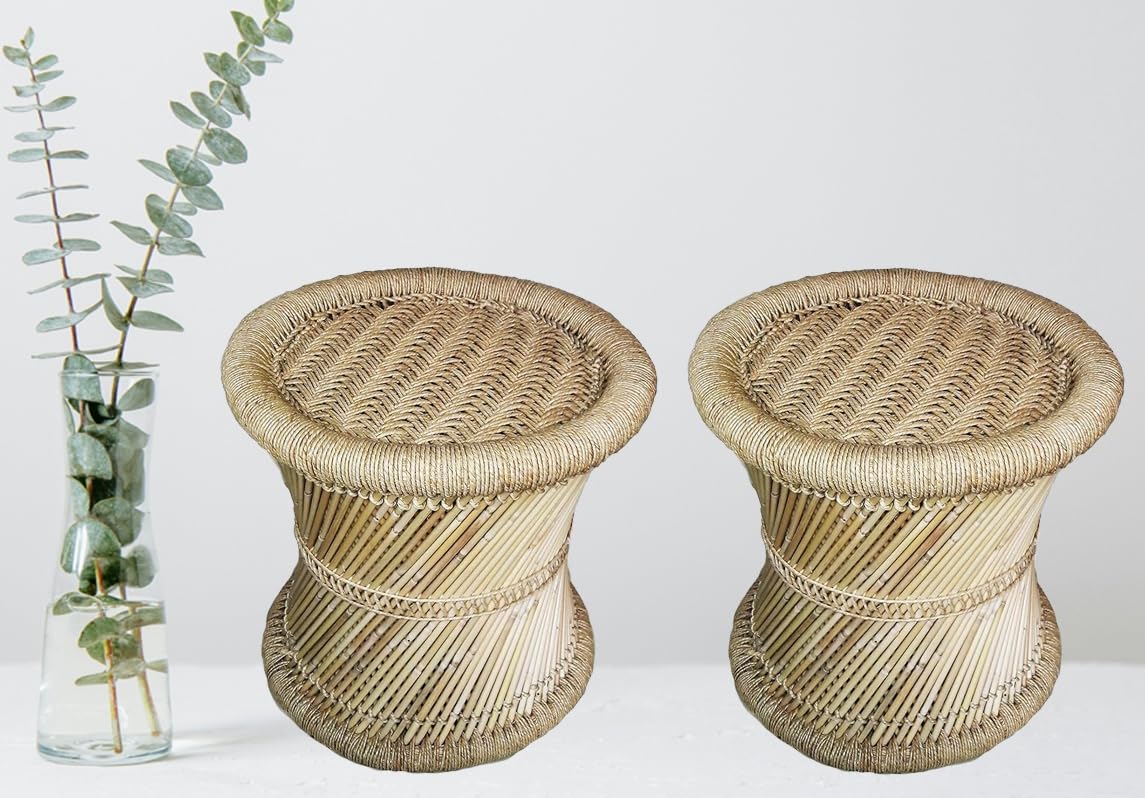Rajasthani Handmade Bamboo mudda/Stool/Chair for Living Room/Office/Home for Indoor/Outdoor Garden 14X14 Set of-2 (Beige Colour)