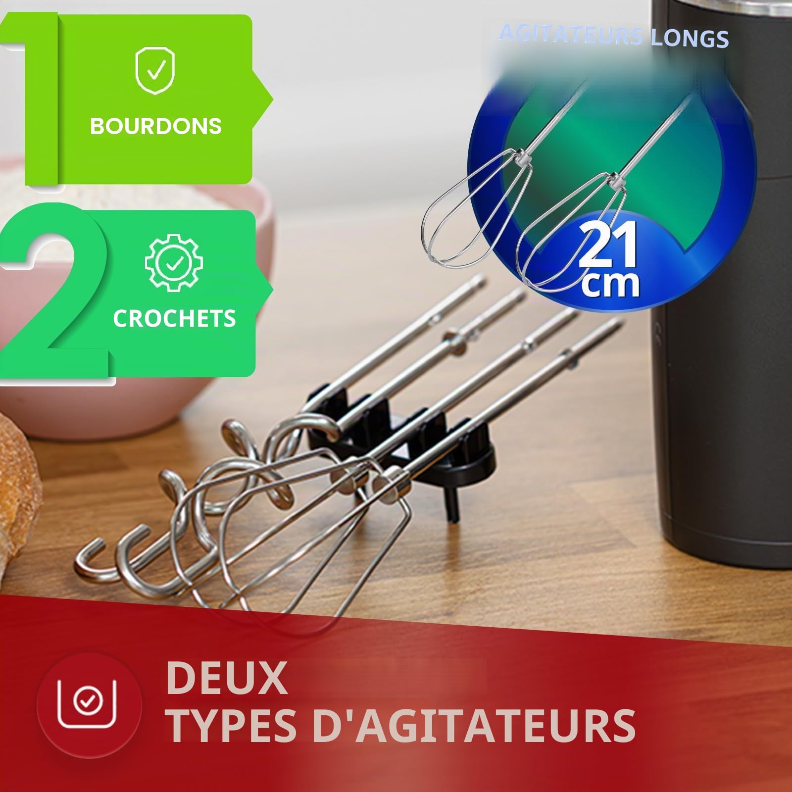 MPM Batteur à main avec 2 fouets et 2 crochets pétrisseurs - 6 vitesses avec bouton turbo - 900 W - Anthracite