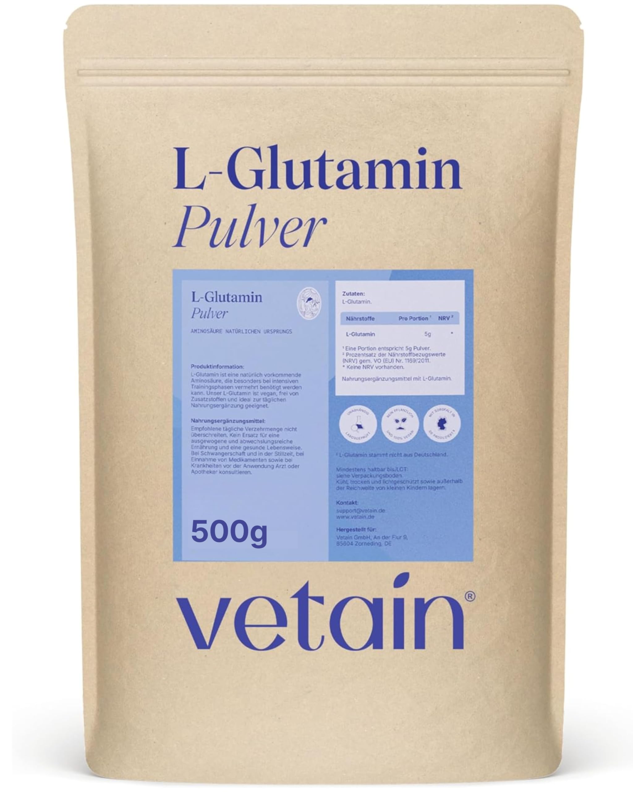 VETAIN L-Glutamin Pulver - 500g - reines & ultrafeines Glutamine – vegan, hochdosiert & ohne Zusatzstoffe - geschmacksneutral – in Deutschland produziert - 100 Portionen