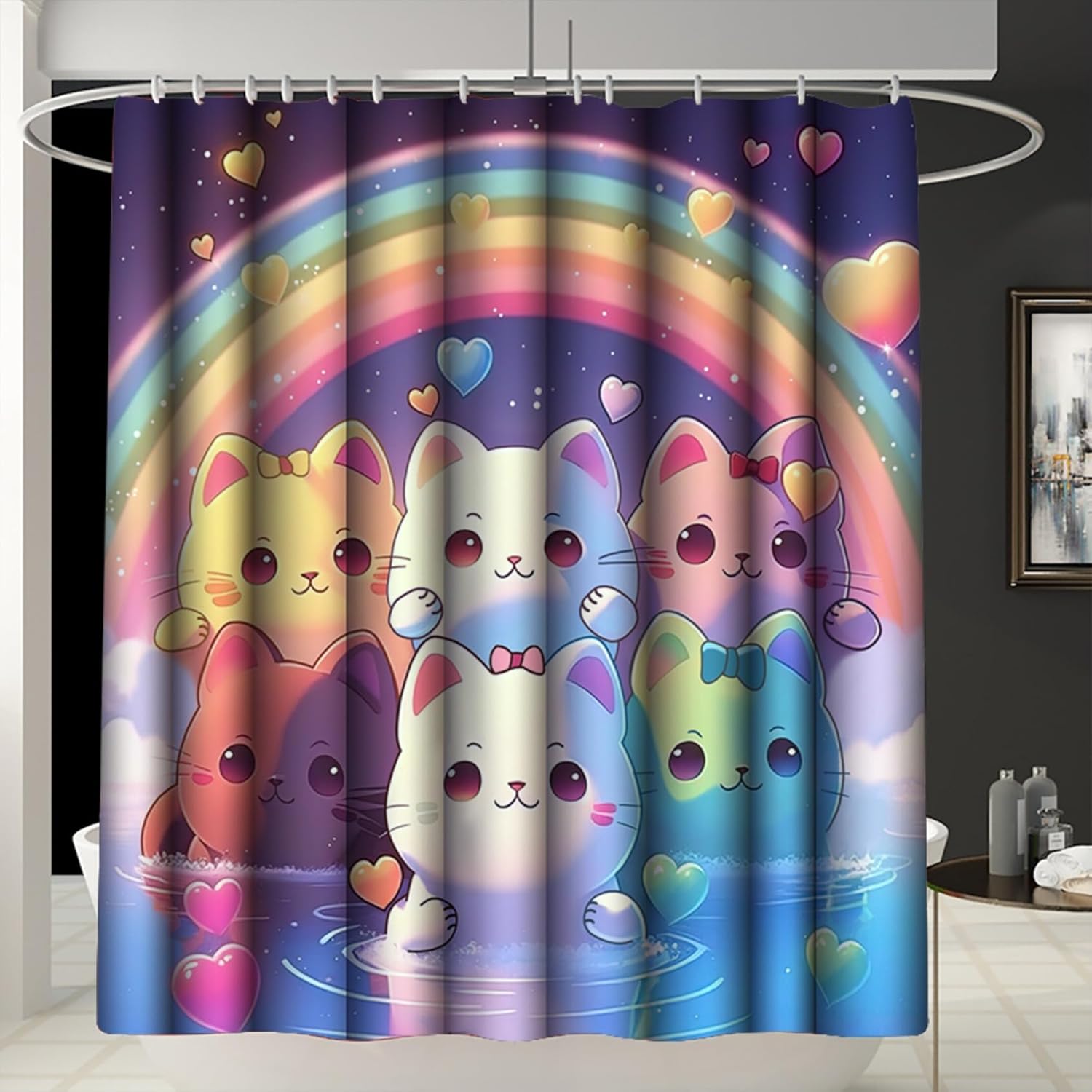 Rainbow Cat Shower Curtain Set 4PCS - 70"x70" Cat Bathroom Decor SES with Rugs and 12 Hooks, Cute & Playful Design for Kids and Adults