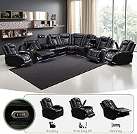 Vista 6 de Juego de sofá de cuero transpirable con puerto USB, 5 sofás seccionales reclinables en forma de L y 2 sillas, juego de sofá seccional reclinable
