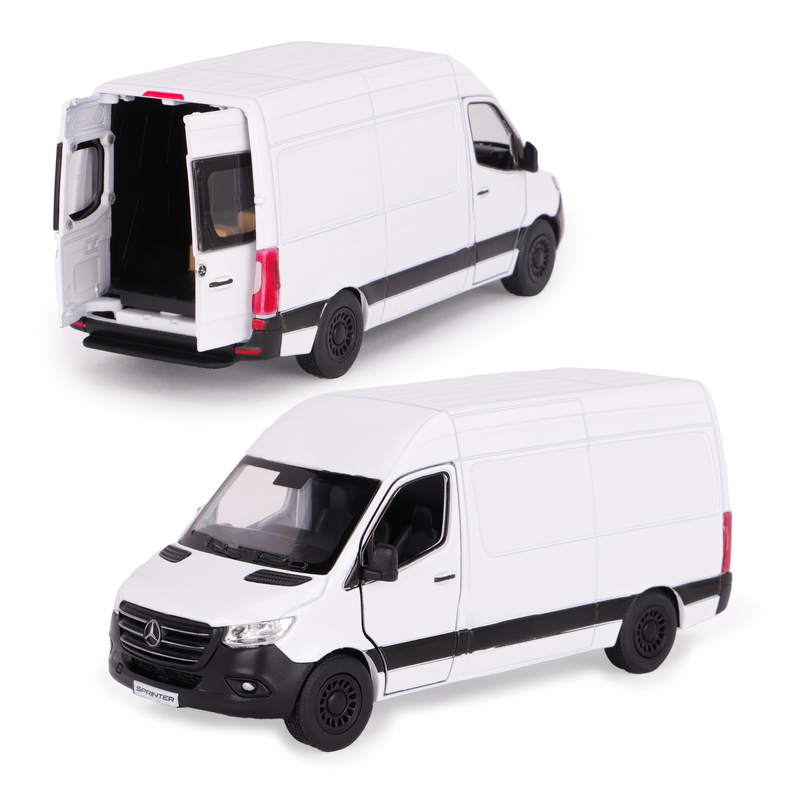 12cm Pull Back & Go Die Cast White Sprinter Van with Open & Close Doors - Toy Vehicles - 1:48 Scale