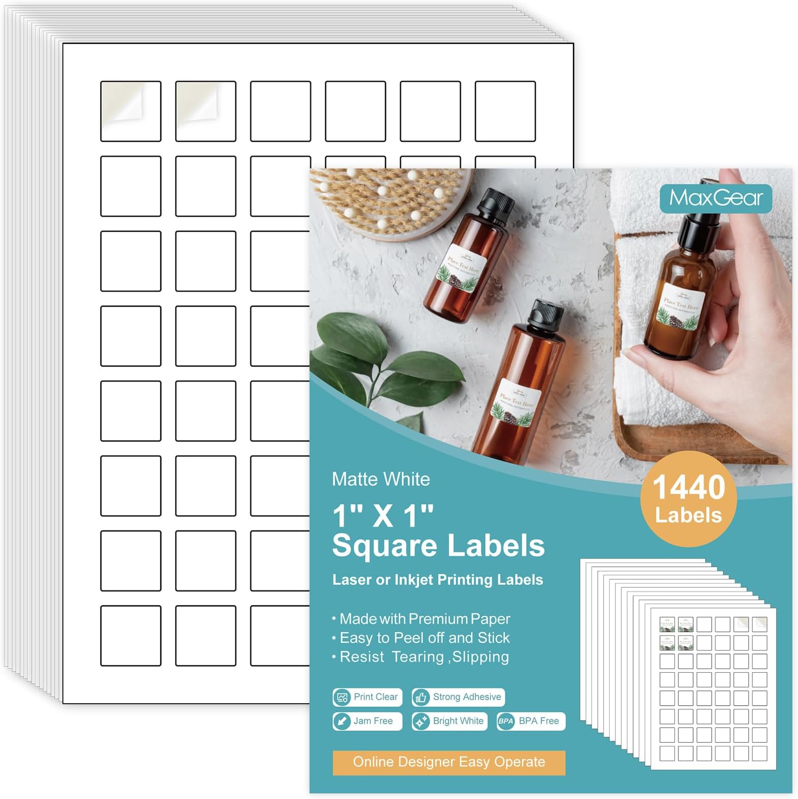 MaxGear 1" x 1" Square Labels, for Inkjet or Laser Printer, Matte White Printable Sticker Paper Labels Sheets, Strong Adhesive, Dries Quickly, Holds Ink Well, 1440 Pcs