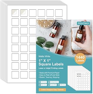 MaxGear 1" x 1" Square Labels, for Inkjet or Laser Printer, Matte White Printable Sticker Paper Labels Sheets, Strong Adhesive, Dries Quickly, Holds Ink Well, 1440 Pcs