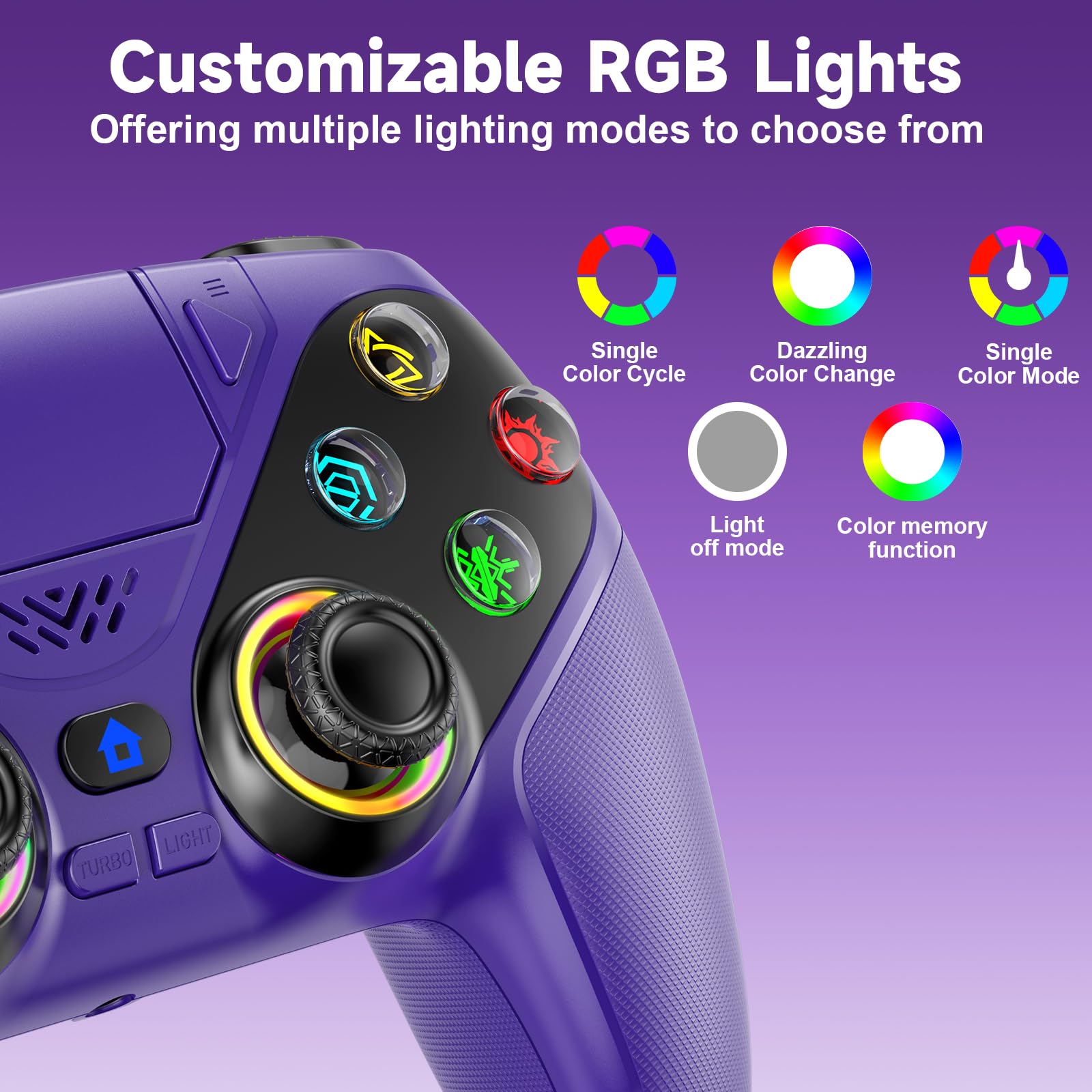 Controller wireless per PS5/PlayStation 5 e PC - Viola, gamepad Bluetooth con Turbo, sensore di movimento a 6 assi, pulsanti programmabili, illuminazione RGB, jack audio da 3,5 mm