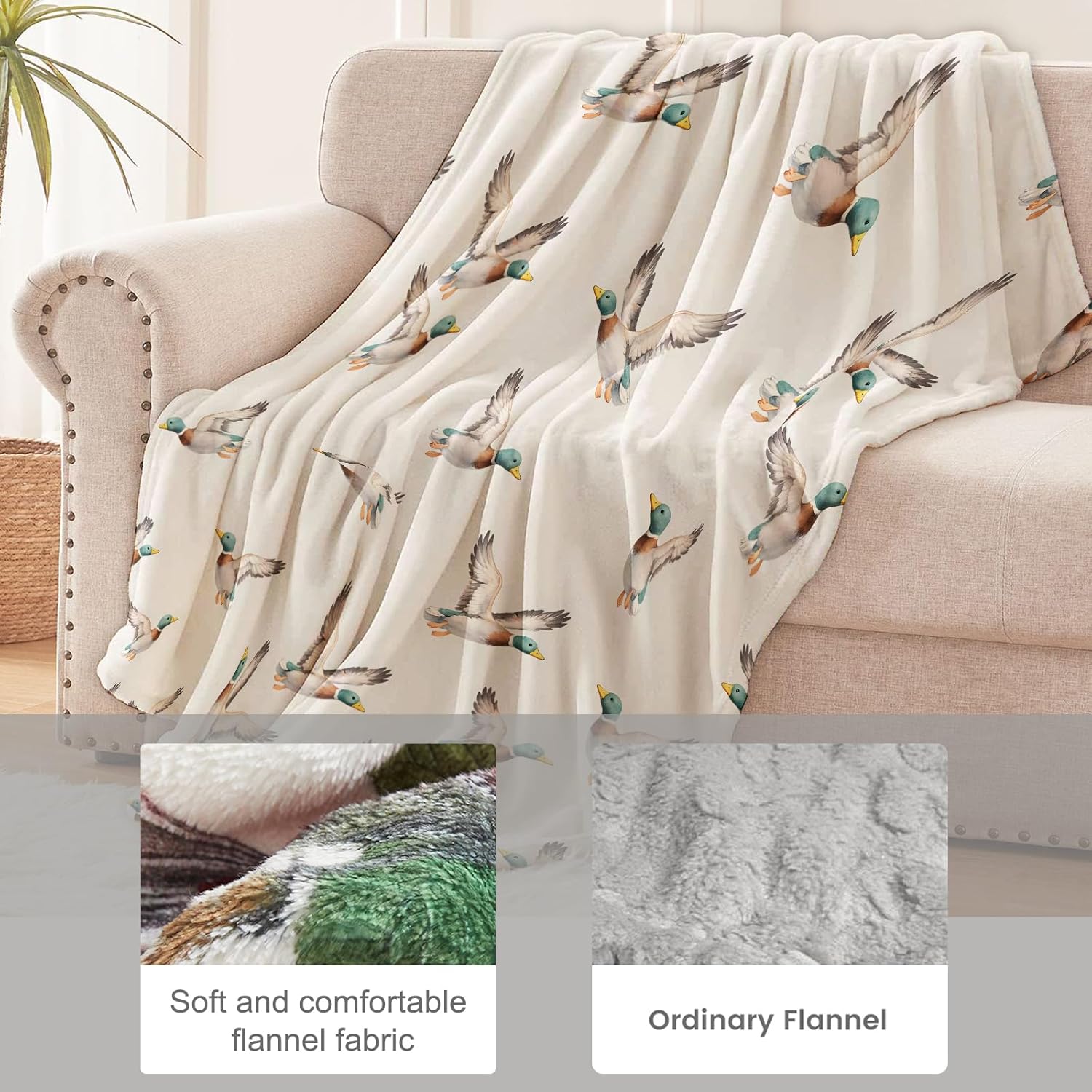 Duck Blanket for Wildlife and Nature Lovers, Watercolor Mallard Bird Flannel Blankets, Flying Gifts, Beige Soft Warm Cozy Throws for Sofa Couch Bed Living Room Bedroom Home Decor 60" x 50"