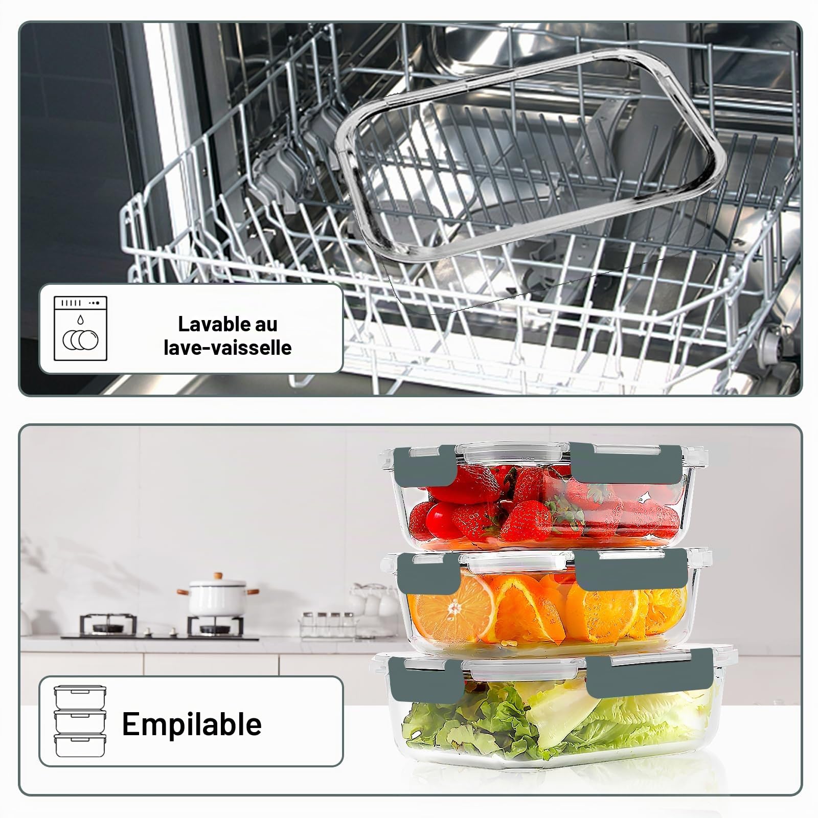 VERONES Lot de 10 récipients en verre pour la préparation des repas,conservation des aliments avec couvercles, pour le micro-ondes, le four, le congélateur et le lave-vaisselle