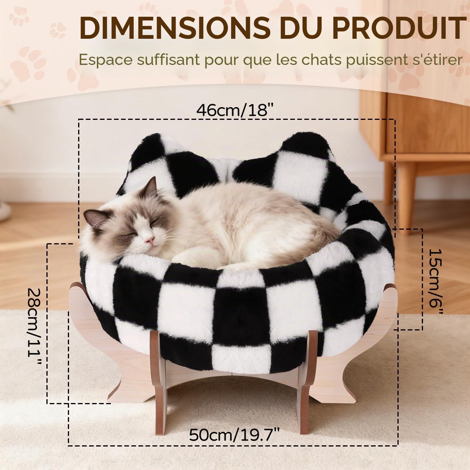 Lit surélevé pour chat d'intérieur, canapé lit pour animaux de compagnie avec coussin moelleux amovible, support en bois, canapé surélevé pour chat 45,7 x 45,7 cm, canapé surélevé pour chaton