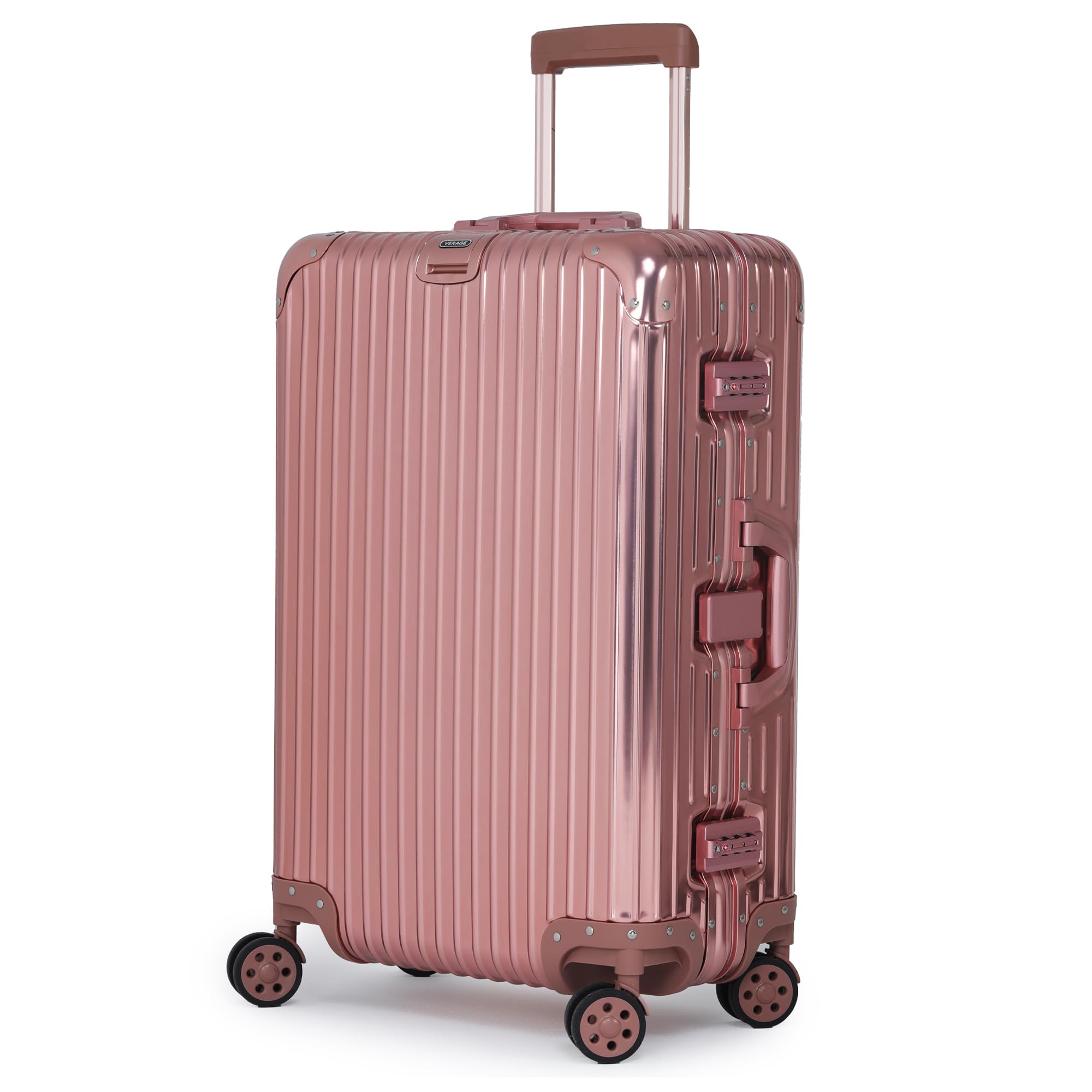 Verage Luxe Secure Jet Full Aluminium Body (67 Liters) Medium Check-in Luggage with Zipperless Frame Closure & Dual TSA Approved Clasp Locks Spinner Suitcase Trolley Bag (Rose Gold, 24”/68 Cms)