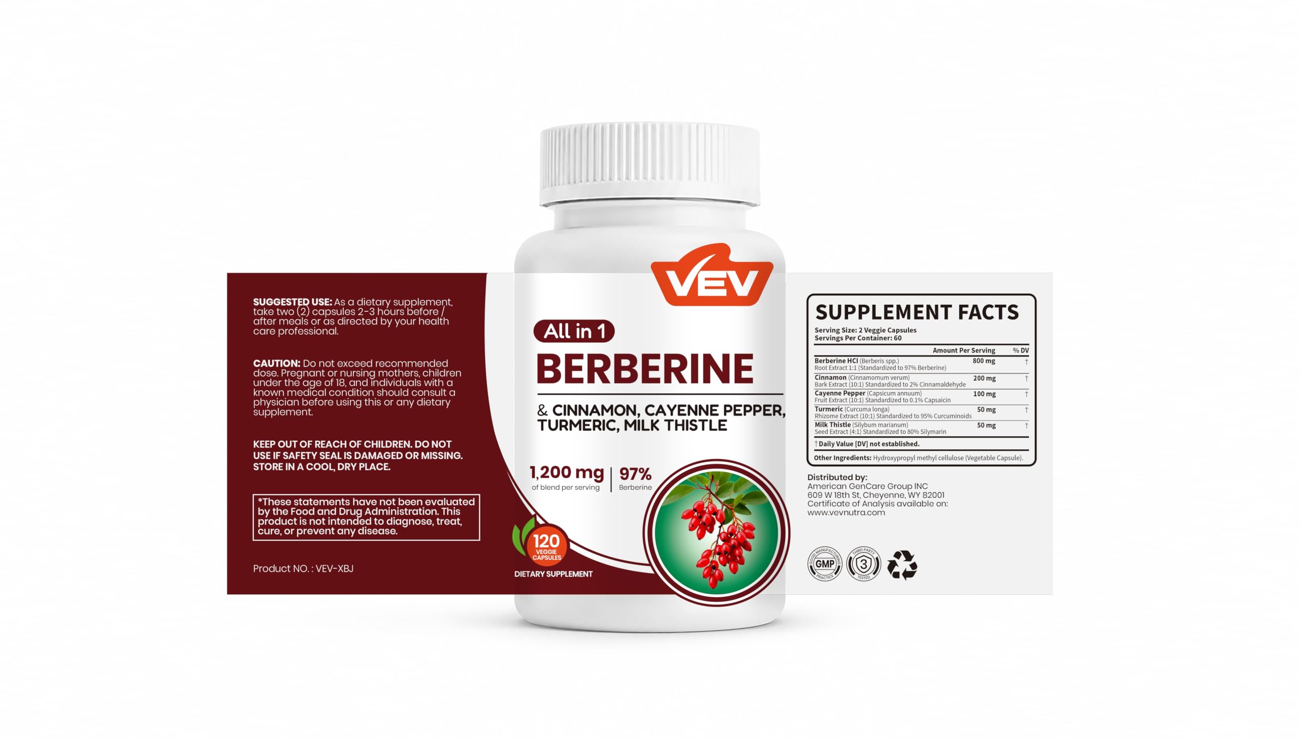 VEV Berberine Supplement with Ceylon Cinnamon for Daily Wellness Support– 2 Bottles (240 Capsules Total) — Amazon image 2