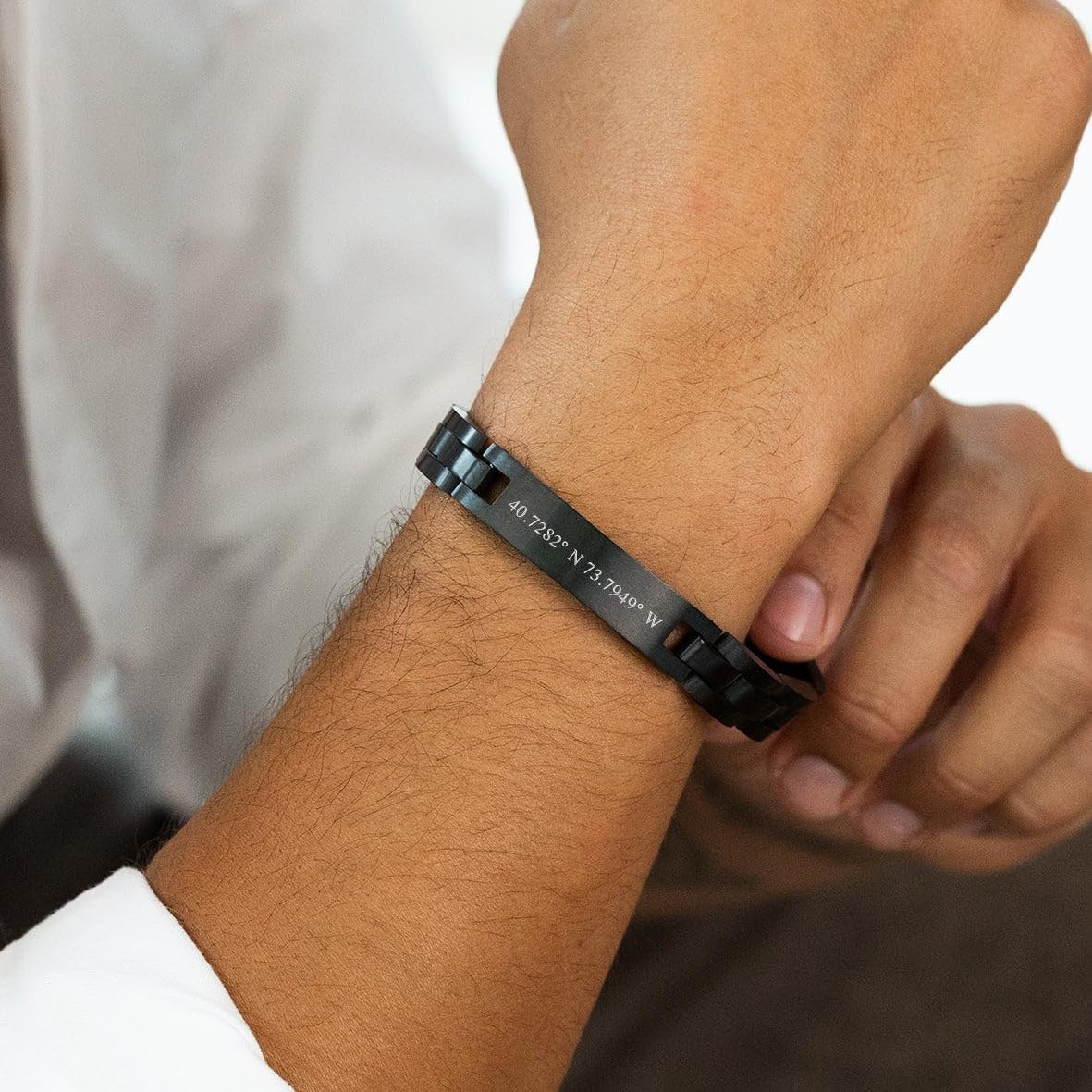 EVE'S ADDICTION Custom Black Plated Stainless Steel Men's Coordinate Bracelet, 8.5 inches - Gifts for Dad - Image 2