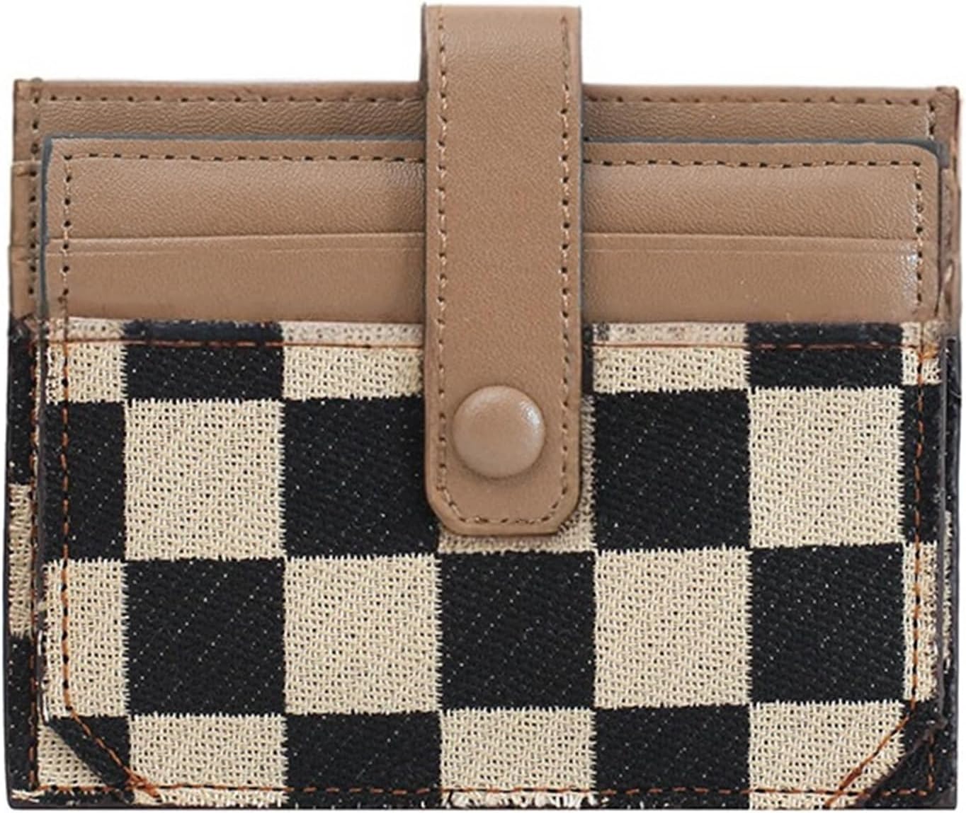 Cute Slim Checkered Canvas Wallet for Women Compact Front Pocket Credit Card Case, Minimalist Purse for Cards (Khaki)