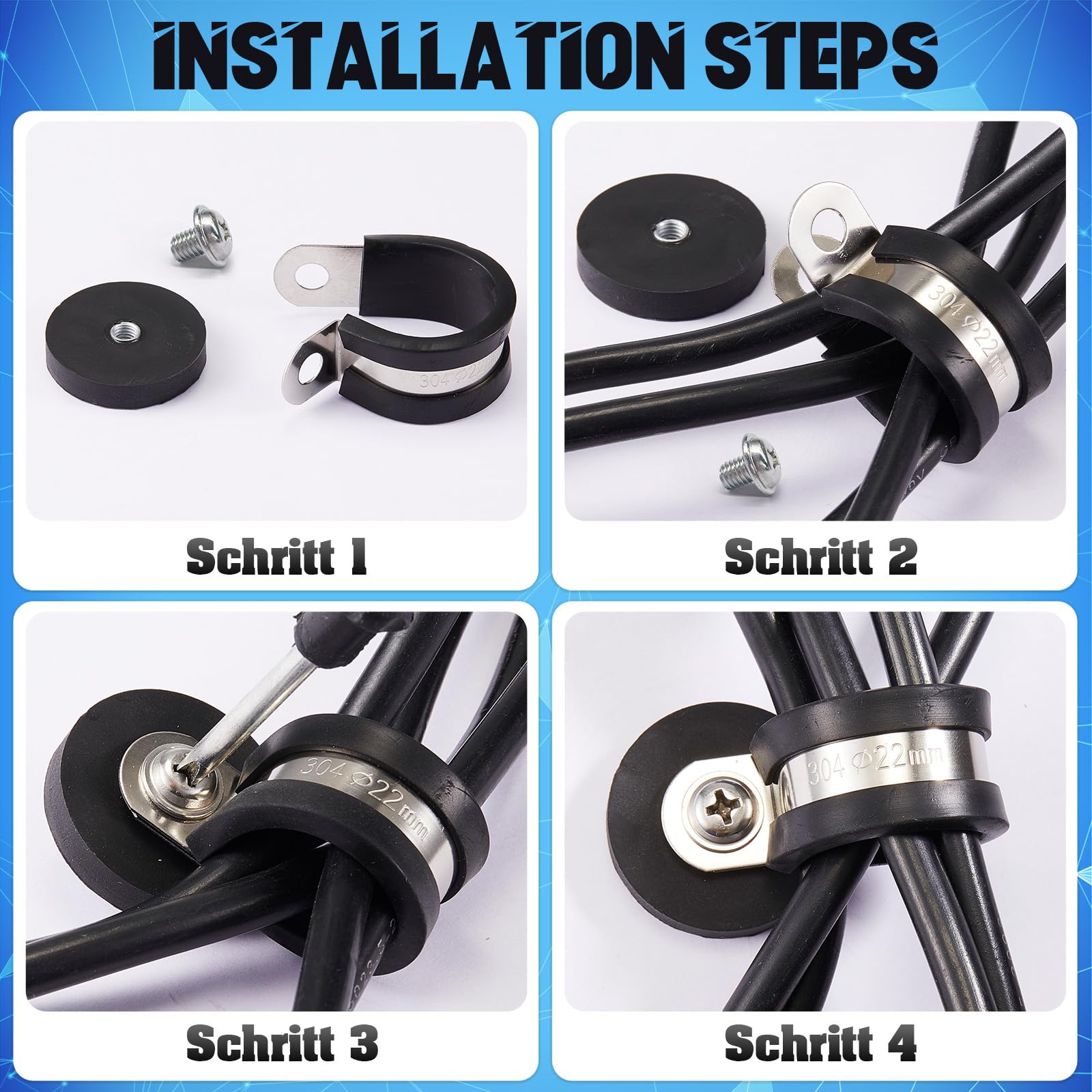 LEIFIDE Paquete de 12 abrazaderas de cable de acero inoxidable de 3/4 pulgadas, abrazaderas de cable magnéticas resistentes, abrazadera aislada acolchada de goma, soporte de clips de cable aislado