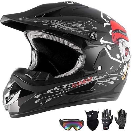 Youth Kids Dirt Bike Motocross Helmet (Goggles Gloves Face Mask) 4PCS Set, DOT Approved Full Face Motorcycle Helmets,ATV BMX MX Mountain Bike Off Road Kid Helmet (Black Skull，S)