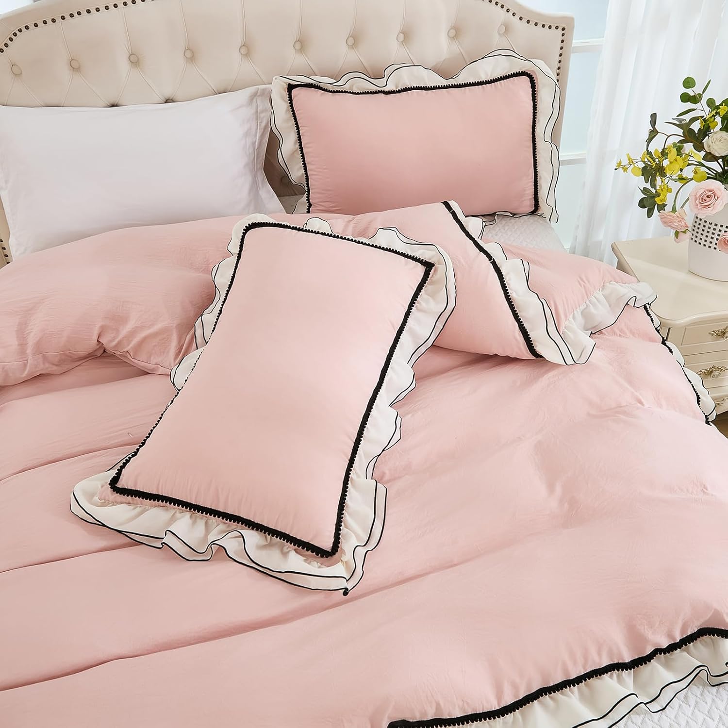 Herside Pink Comforter Set King Size,Ruffle Pompoms Chic French Style Bedding Sets,Fluffy Coquette Comforters Sets for All Season,Vintage Ruffled Lightweight Quilt Set for Women Girls Room Decor