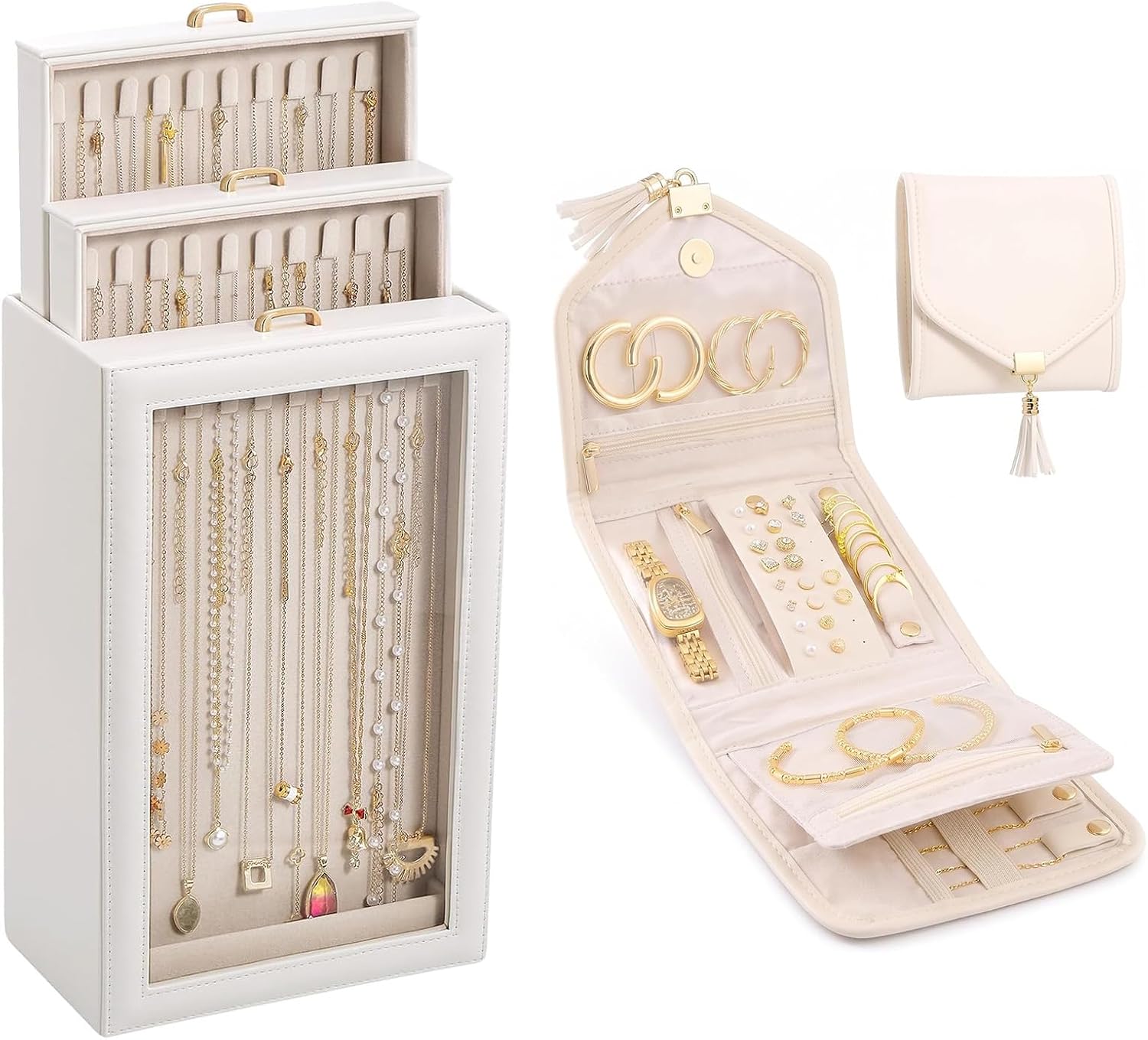 Lolalet White 3-Layer Necklace Organizer Box and Beige Jewelry Travel Organizer Bundle, Tangle-Free Storage, PU Leather, Velvet Lining, Clear Window, Multi-Compartment, Large Capacity, Space-Saving
