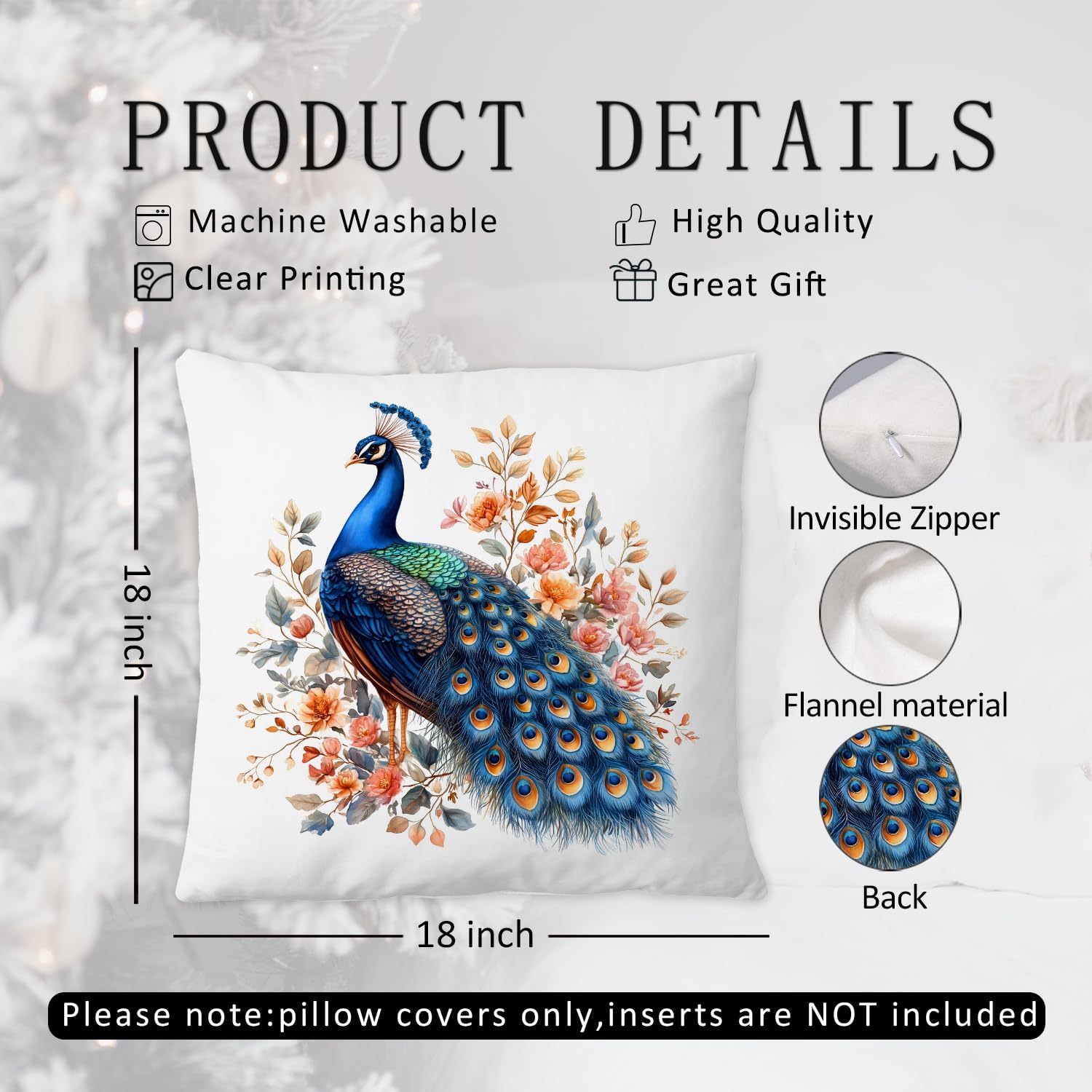 Colorful Peacock Pillow Covers 18x18, Gifts for Peacock Lovers, Floral Animal Decorative Throw Pillow Covers for Home Bedroom Living Room - Image 6