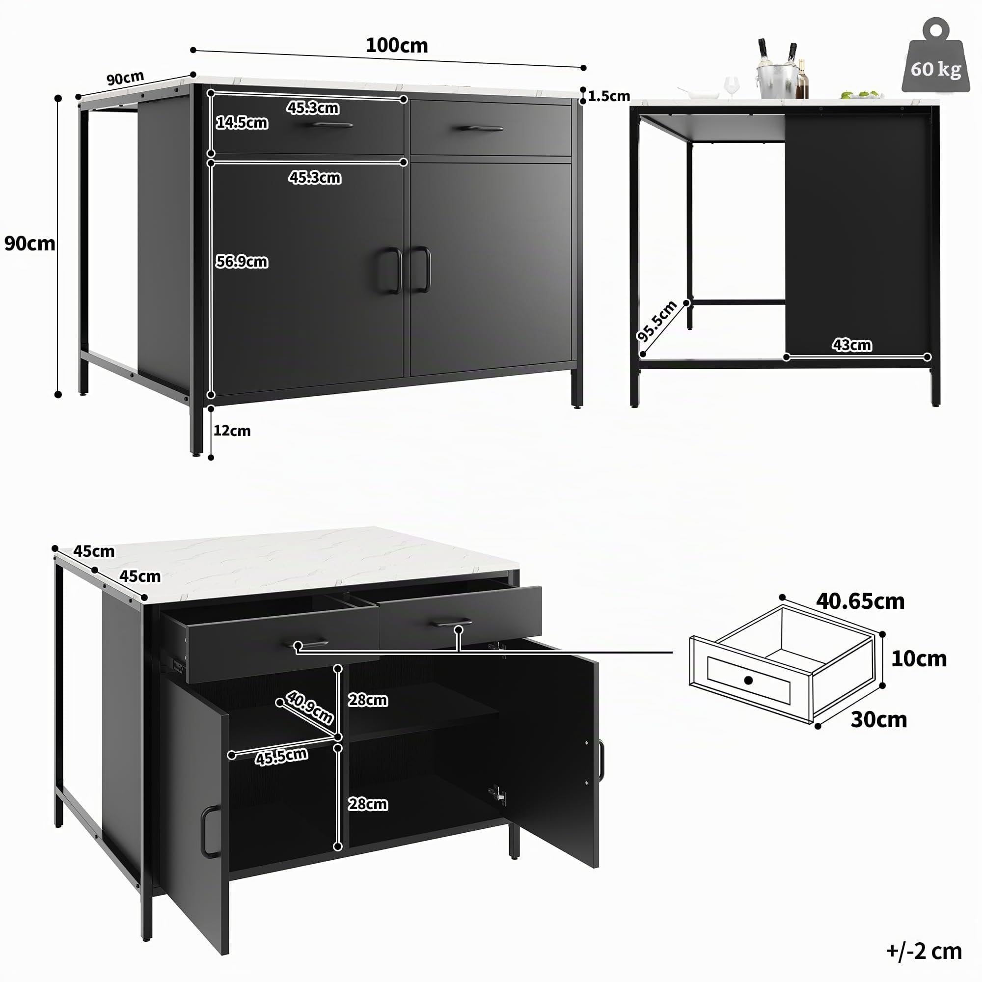 Isla de cocina, armario de cocina con 2 cajones, mesa de desayuno, bar, isla de cocina con estantes, isla de cocina, isla de cocina con encimeras de mármol, 100 x 90 x 90 cm, patas ajustables