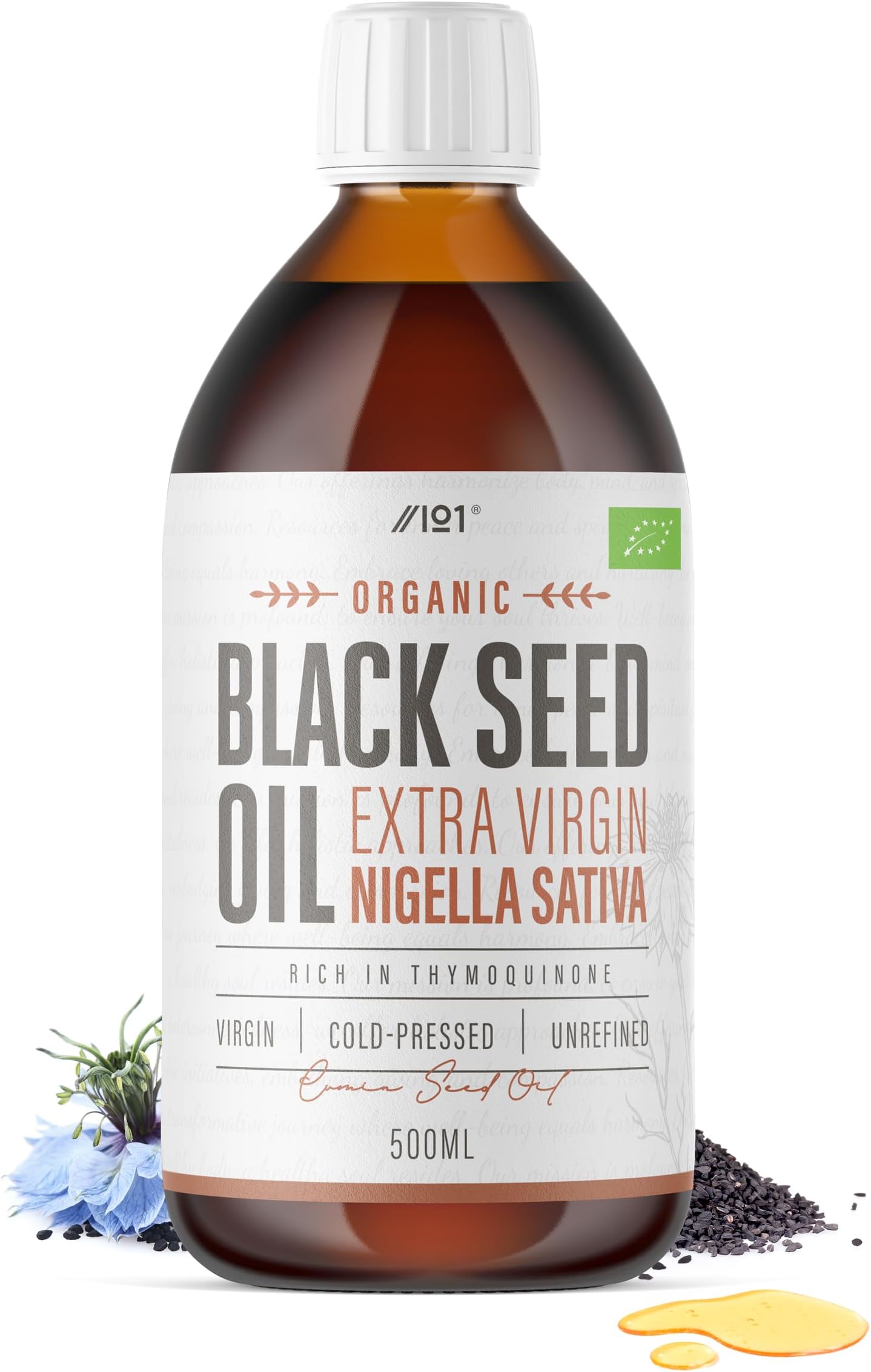 Organic Black Seed Oil 500ml (Glass) – Cold & Freshly Pressed – Up to 5X% Strength Thymoquinone – 100% Pure Extra Virgin Cumin Black Seed Oil - By Alpha01
