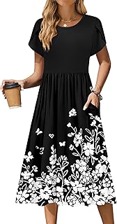Women Summer Short Sleeve Midi Dress with Pockets Casual Aline Flowy Tshirt Dress Floral Vocation Beach Sundress - Buy now