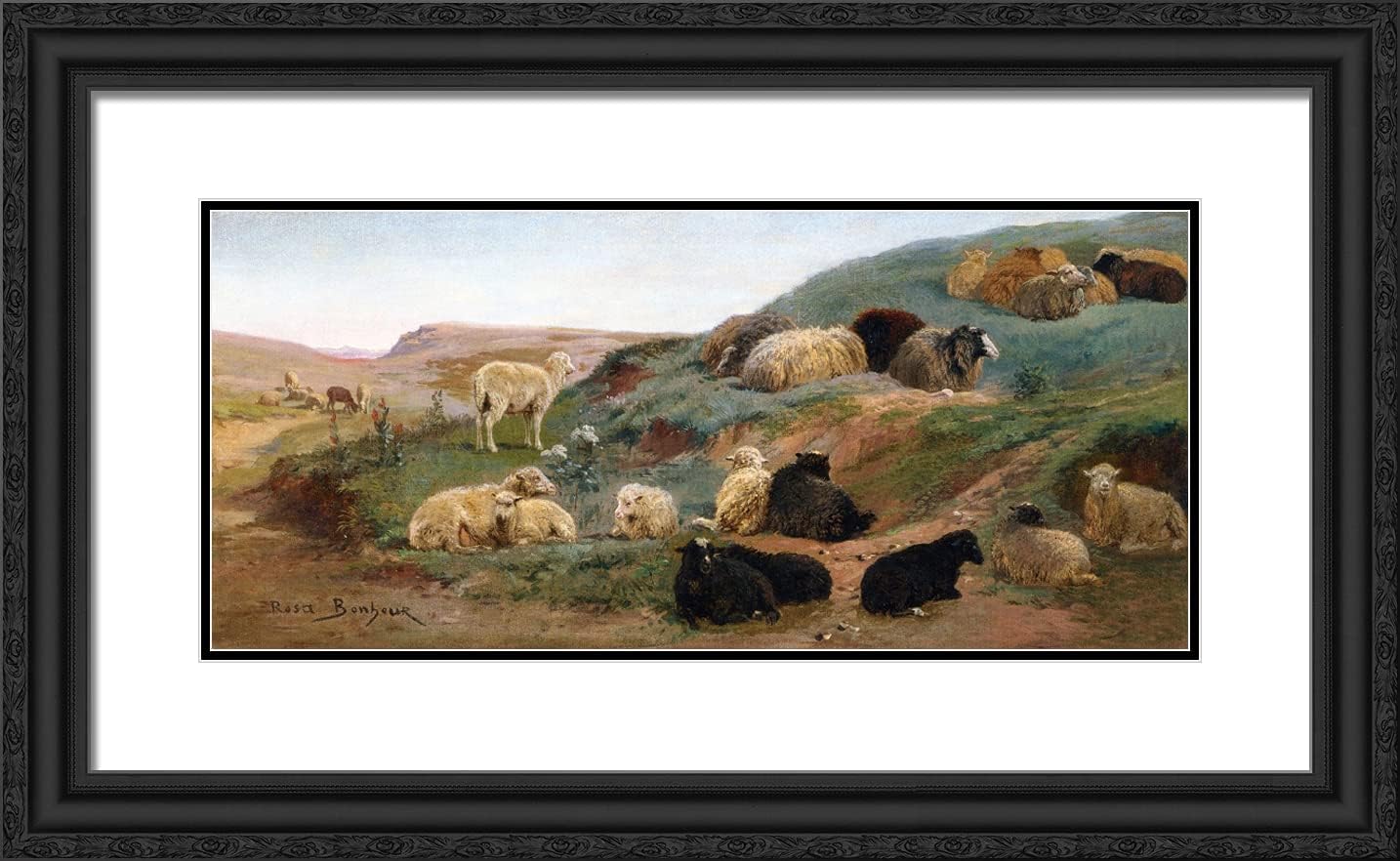 ArtDirect Bonheur Rosa 24x15 Gold Ornate Framed Art Print with Double Matting Titled: Sheep in a Mountainous Landscape