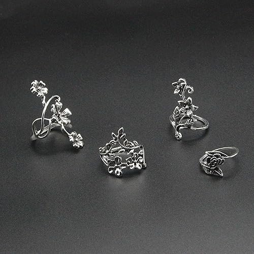 Miniatura 5 de Anillo de ansiedad para mujer, 4 unidadesjuego de anillos de nudillos clásicos de estilo chino con flores talladas huecas, accesorios de joyería