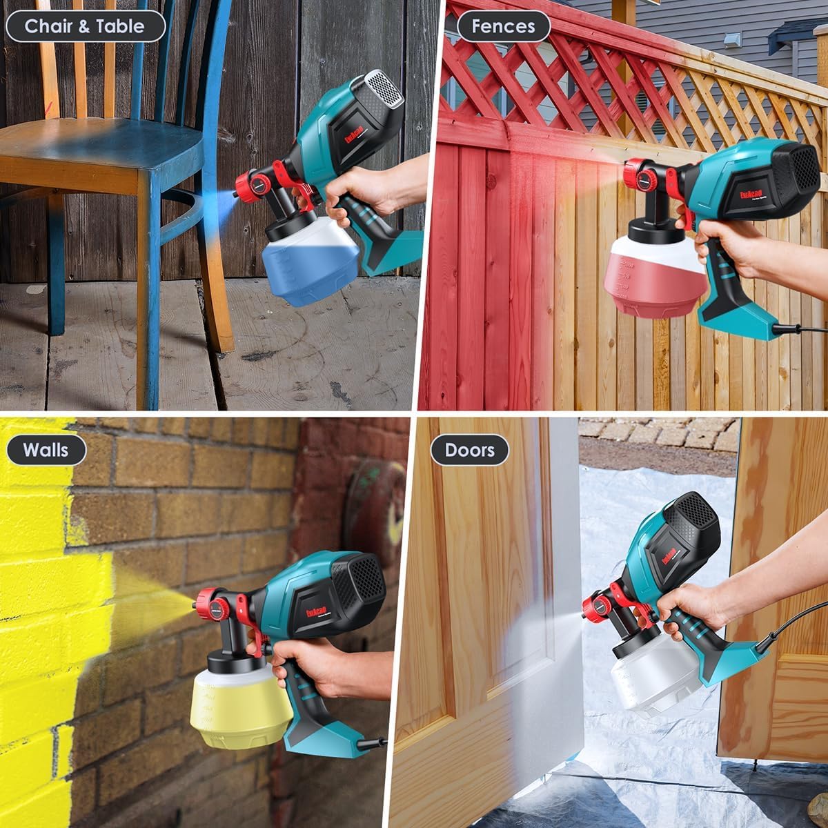 ENEACRO HVLP Pistola a Spruzzo Elettrica 720W con Contenitore da 1200ml, Flusso e Angolo di Spruzzatura Regolabili, 5 Ugelli in Ottone e Motivo di Spruzzo Girevole a 360° per Interni ed Esterni Casa