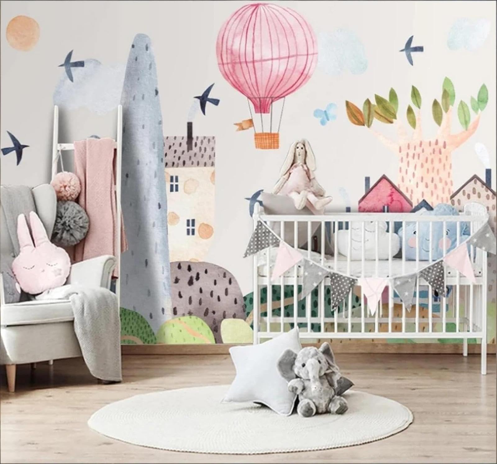 XLMING Cartoon Watercolour House Hot Air Balloon Landscape 3D Wallpaper Luxury Home Dining Decor Paste Sofa Living Room The Wall for Bedroom Mural-200cm×140cm