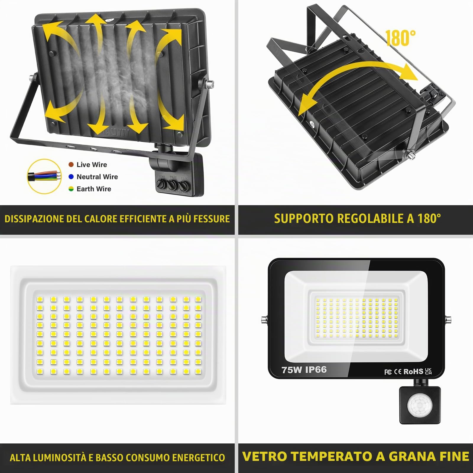 SKYWORLD 2 x Faretto con Sensore di Movimento, 75W 7500LM Fari Led Esterni | Proiettori Faretto Led da Esterno, Luci di Sicurezza Faro per Giardino Garage Patio Terrazza Cortile, 6000K Bianco Freddo