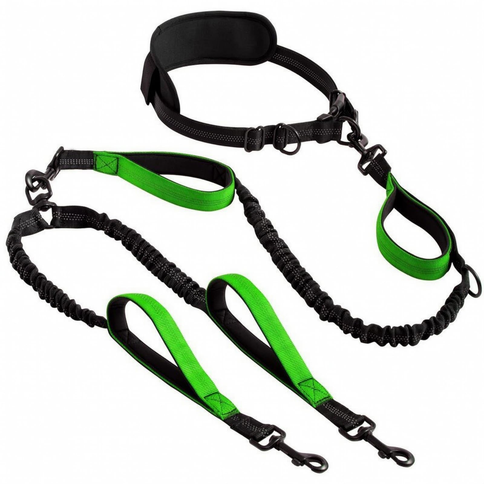 Guinzaglio a Doppia Testa Guinzaglio per Cani Guinzaglio Cintura da Corsa Guinzaglio Elastico con Bungee con Cintura in Vita con Maniglie per, Verde Scuro