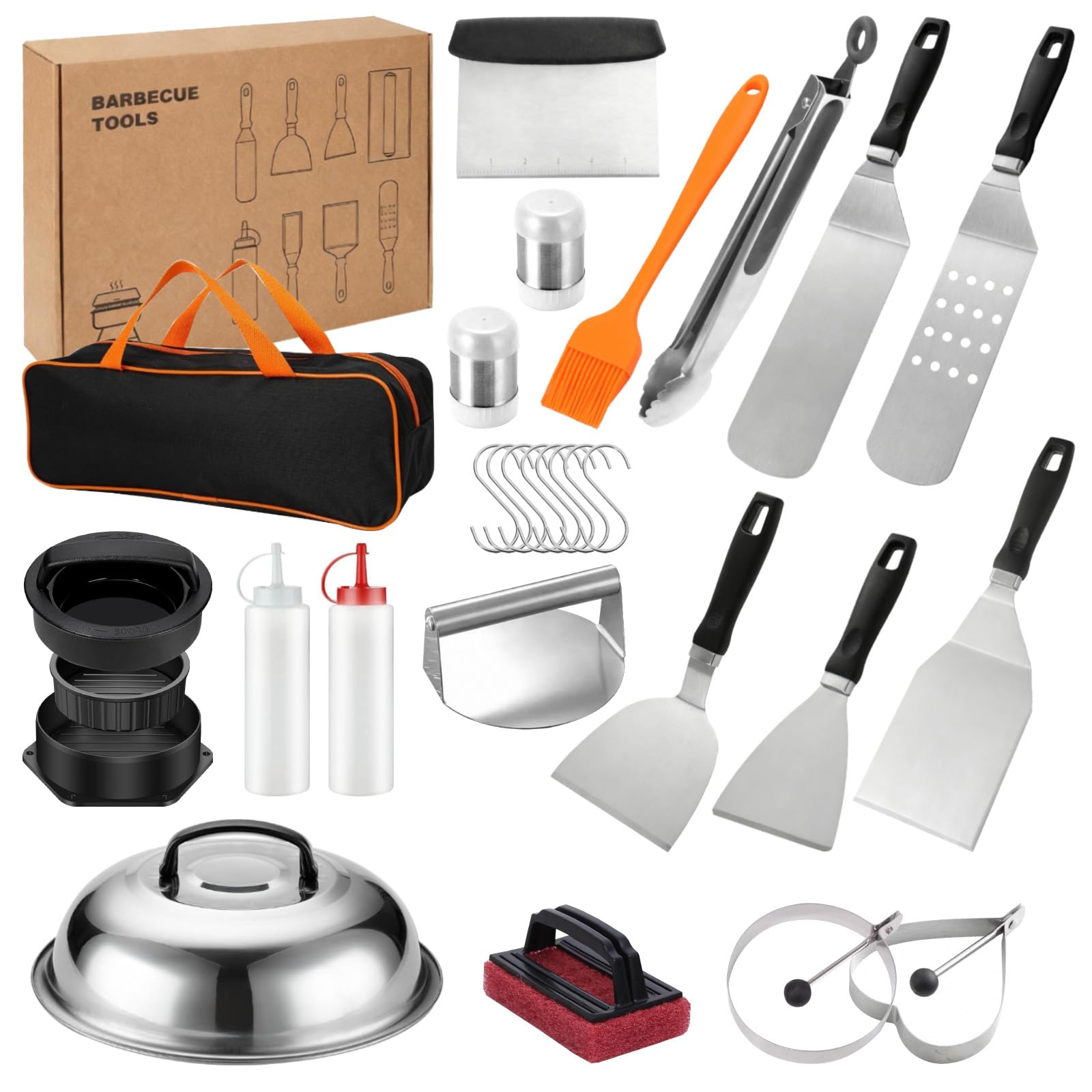 27 Pièces Ustensiles Barbecue, Presse à Hamburger, Teppanyaki Grill Set, Presse Steak Haché, Ensemble Barbecue Outil Acier Inoxydable avec Sac, Professionnelle Accessoire Barbecue