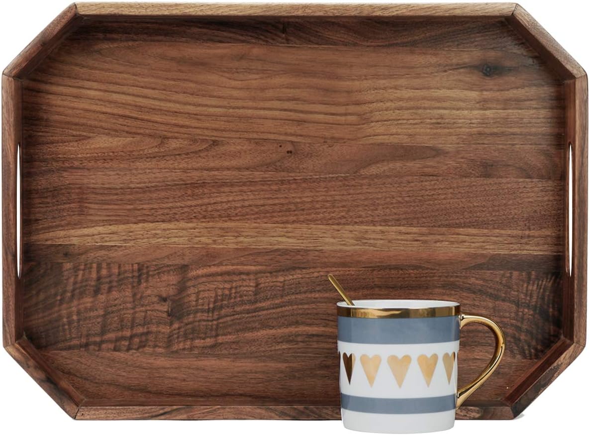 MAGIGO 17 x 12 Inches Black Walnut Wood Ottoman Tray with Handles and Angled Edges, Serve Tea, Coffee or Breakfast in Bed, Classic Wooden Decorative Serving Tray