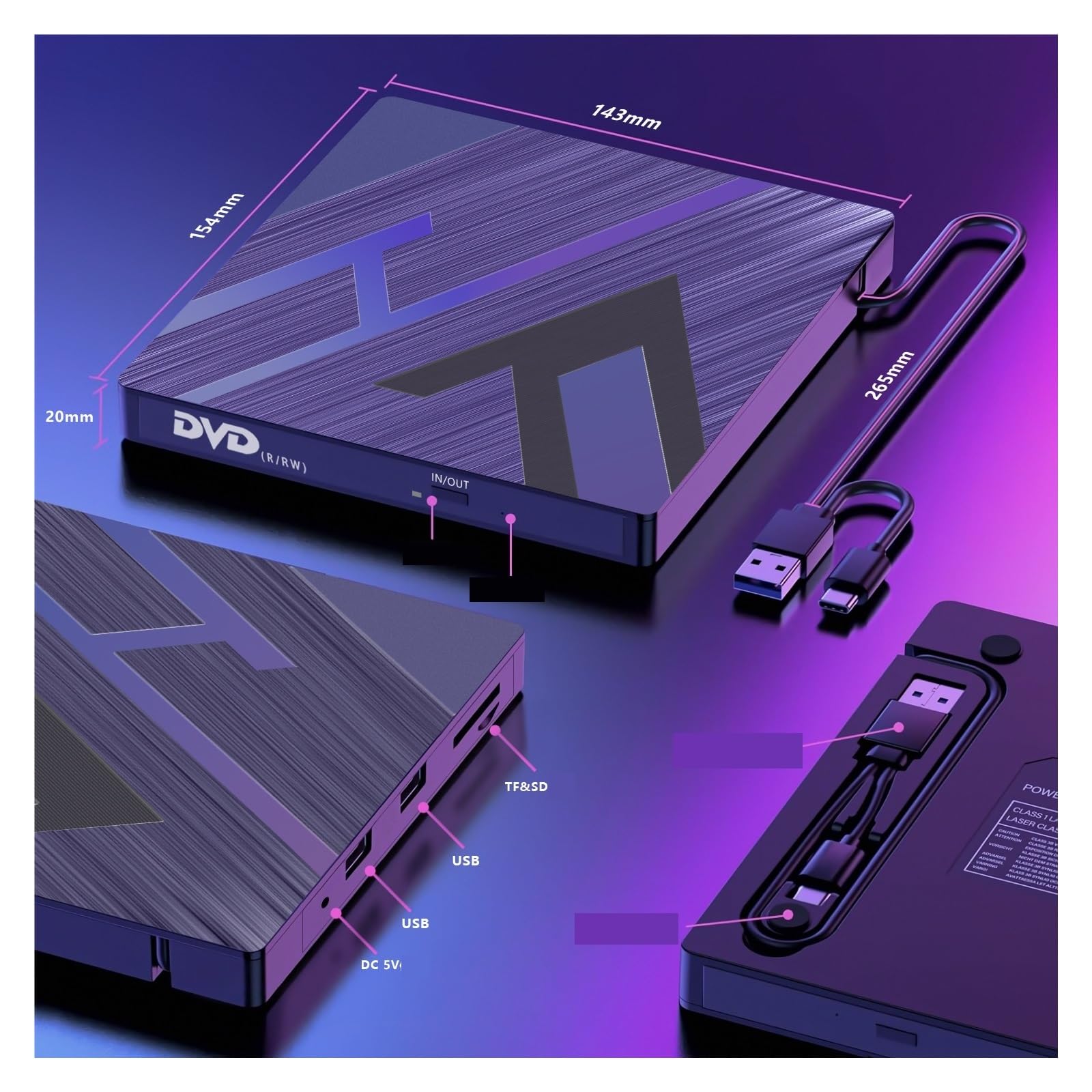 Unità Ottica Esterna Masterizzatore Dvd Espansione Computer Unità Ottica Multifunzione USB Doppia Interfaccia Facile Da Usare(7 ni 1)