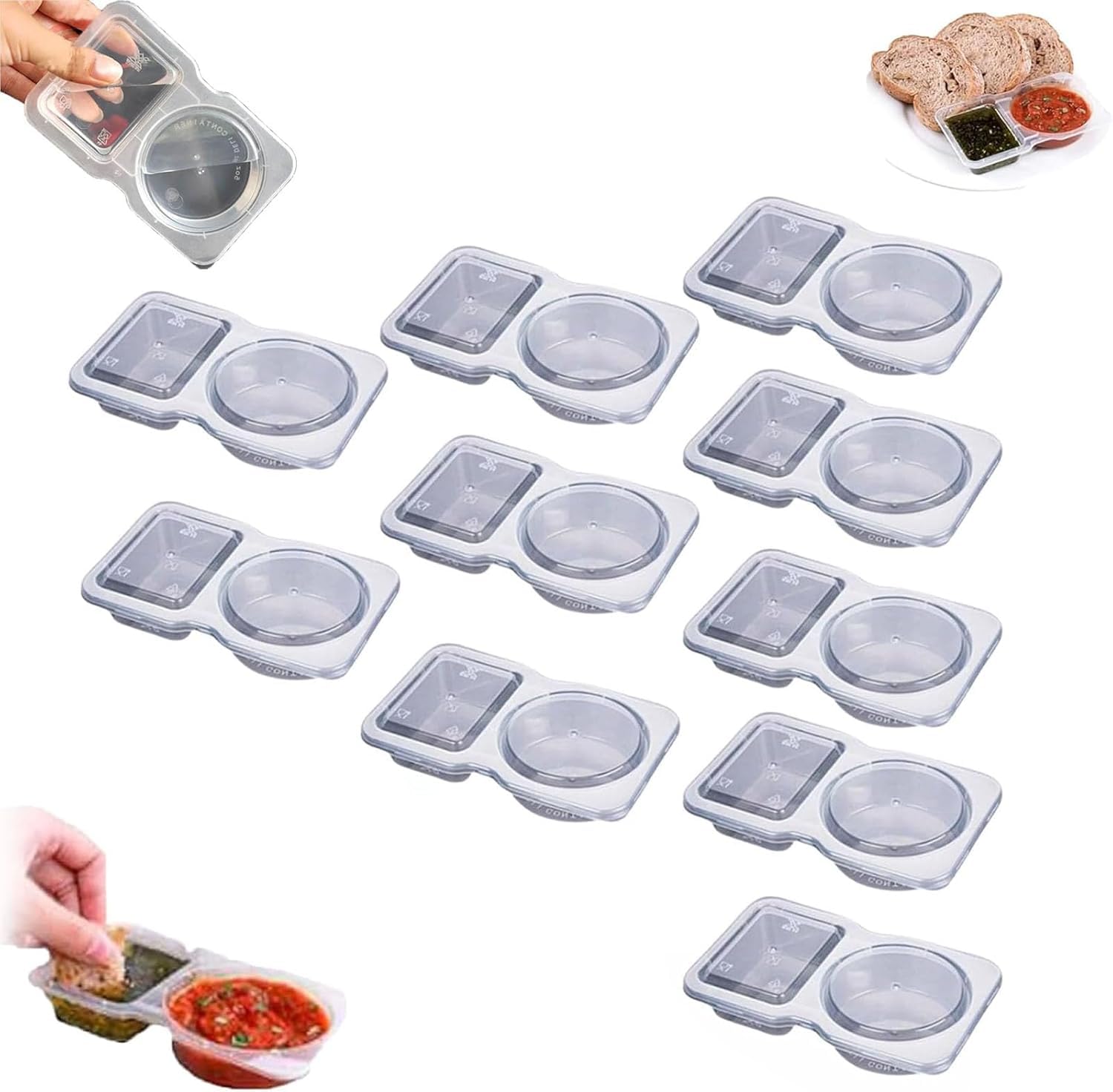 Pojemniki na przekąski wielokrotnego użytku, 10 szt. pojemników na przekąski i sosy z pokrywką na zawiasach, przezroczyste plastikowe kubki na porcje do posiłków i przypraw w podróży