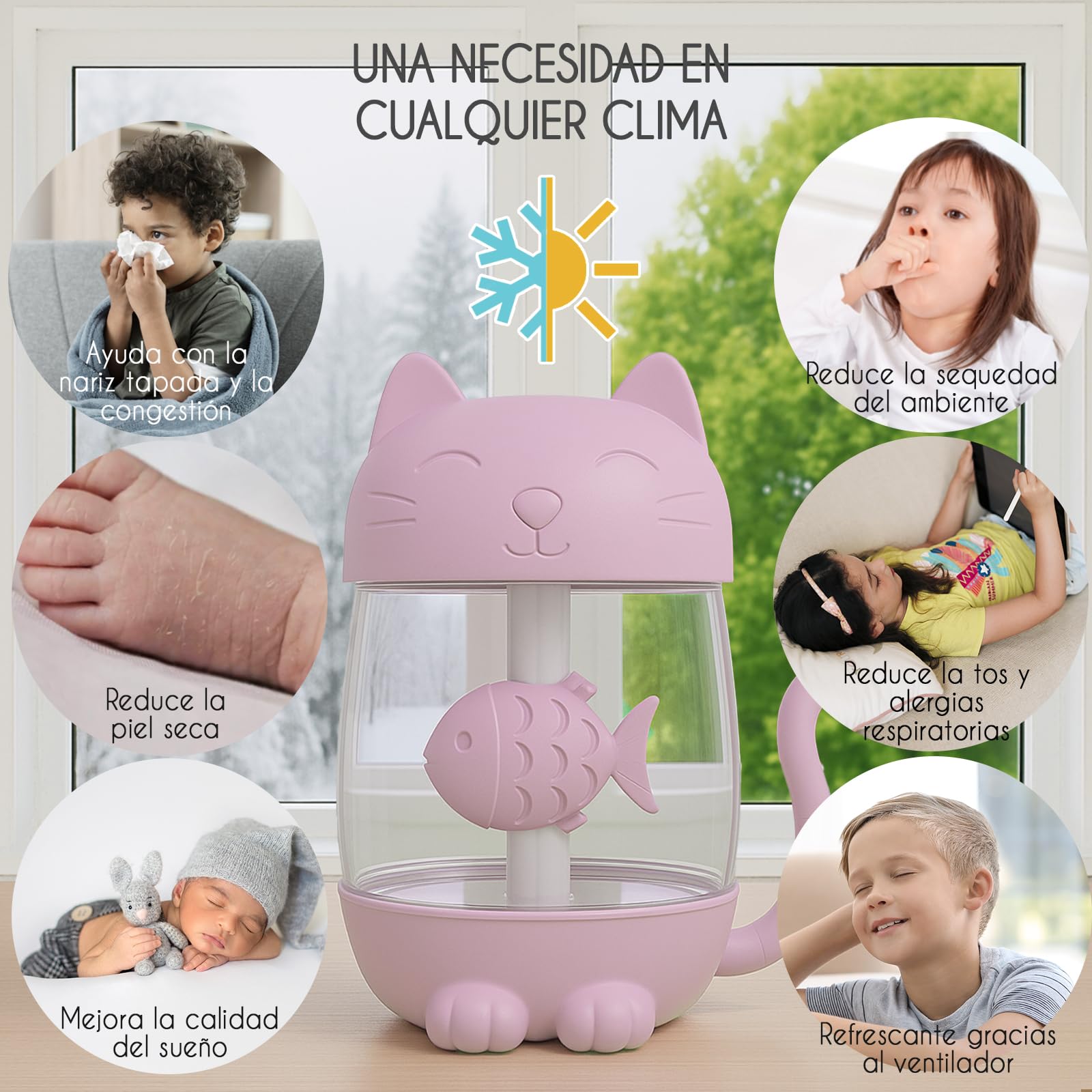 Mini Humidificador Infantil de Gatito 350ml con Luz LED USB y Mini Ventilador Niebla Fría Silenciosa para Niños
