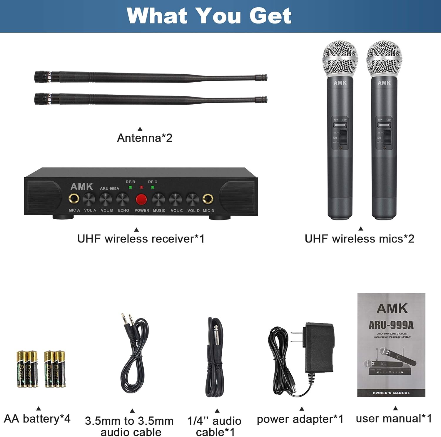 Uр Tо 40% оƒƒ Wireless Microphone System with Echo, AMK UHF Dual Wireless Mics Receiver with 1/4’’ Input Jacks for Two More Wired Mics, All Metal, Easy Setup, Echo Control, for Karaoke, Wedding, Church(ARU-999A)