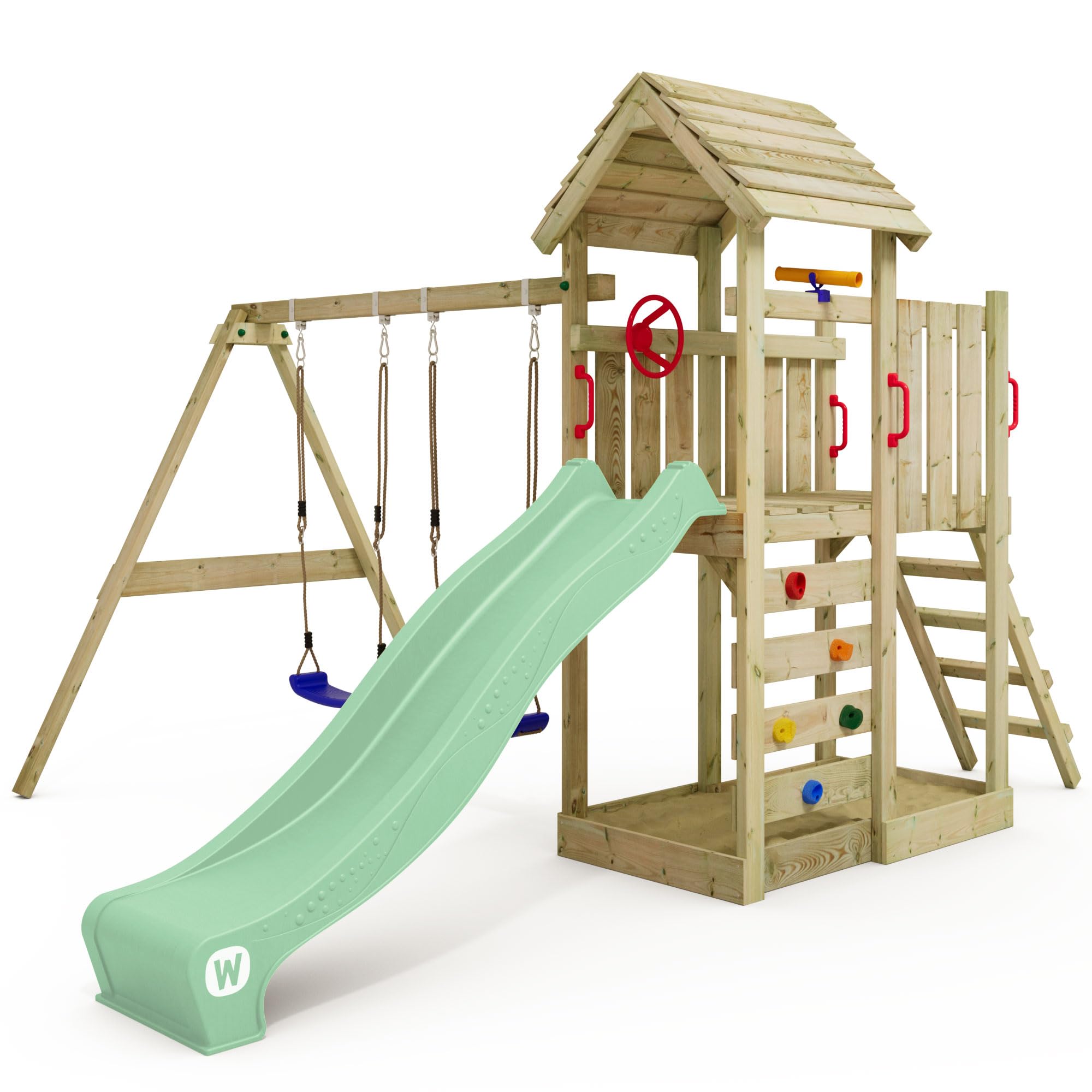 Wickey Wooden climbing frame MultiFlyer with wooden roof, swing set & slide, Outdoor kids playhouse with sandpit, climbing ladder & play-accessories for the garden - green pastel