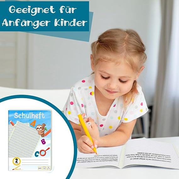 Pack of 3 Learning to Write Books Ruling 2 DIN A4 1 Exercise Book 16 Sheets of German Exercise Book 2 Class as Writing Learner's Book 100 g/m² Cover Round Corners Prevent Donkey Ears Lined Notebook
