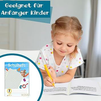 Pack of 3 Learning to Write Books Ruling 2 DIN A4 1 Exercise Book 16 Sheets of German Exercise Book 2 Class as Writing Learner's Book 100 g/m² Cover Round Corners Prevent Donkey Ears Lined Notebook