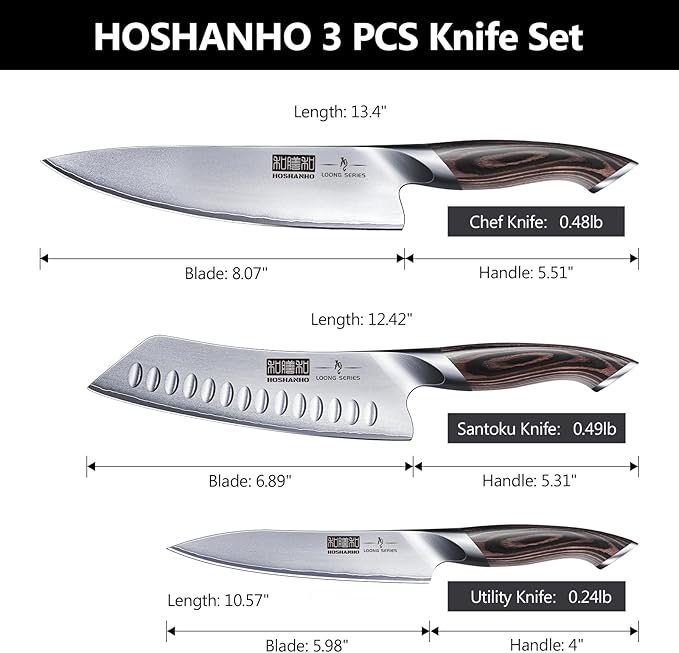 Designed with user comfort in mind, the knives feature ergonomic handles made from Pakkawood. These handles are not only aesthetically pleasing but also provide a comfortable and secure grip, reducing fatigue and enhancing control during use. Packaged in a classic gift box, the HOSHANHO knife set makes a thoughtful and sophisticated gift for various occasions, from Mother's Day to Christmas. With a lifetime guarantee and perfect after-sales service, this kitchen knife set promises both elegance and reliability, ensuring it remains a cherished tool in your kitchen for years to come.